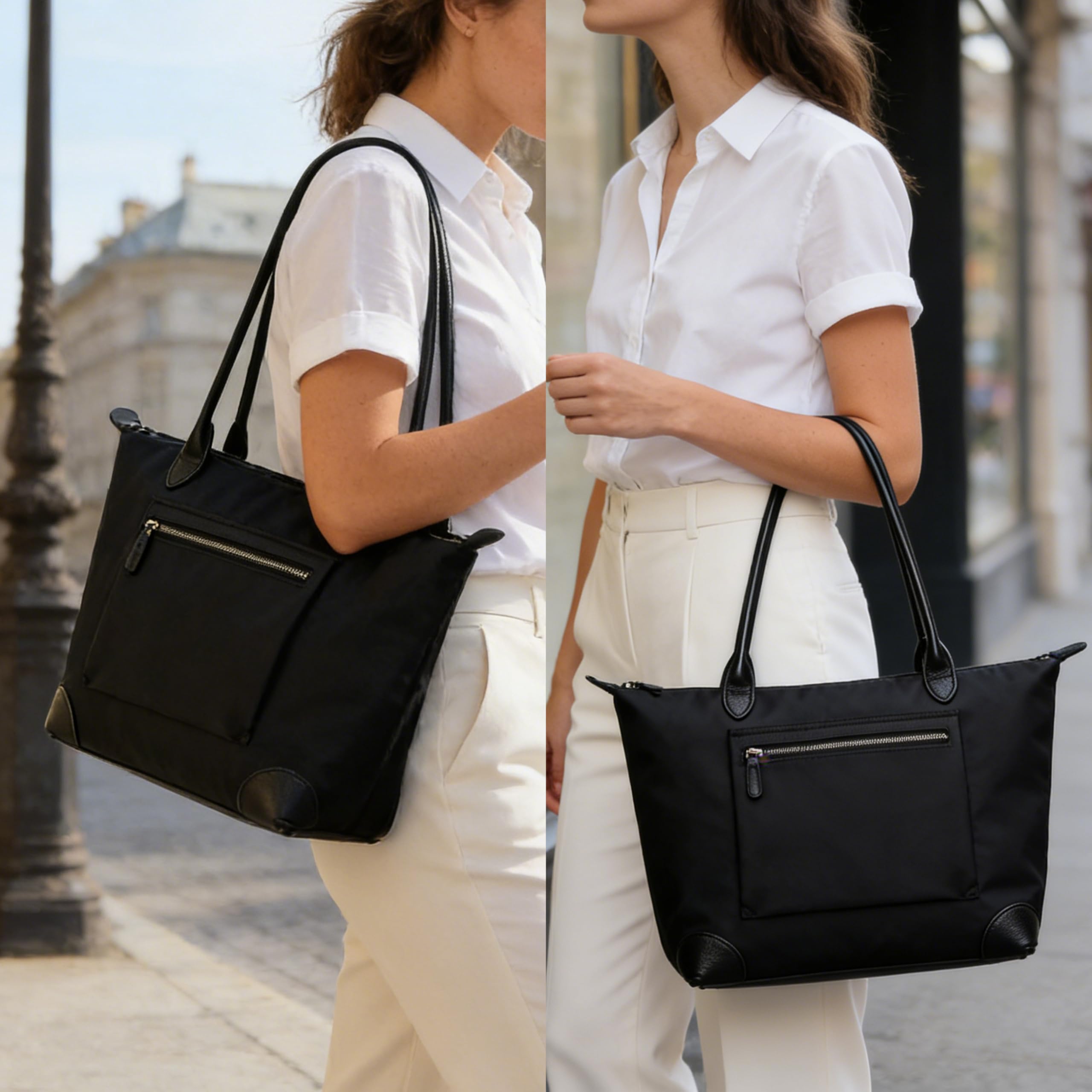Borsa modello “Tote bag” da donna, grande borsa in nylon con manici in pelle, impermeabile, con cerniera, ideale per viaggio e lavoro