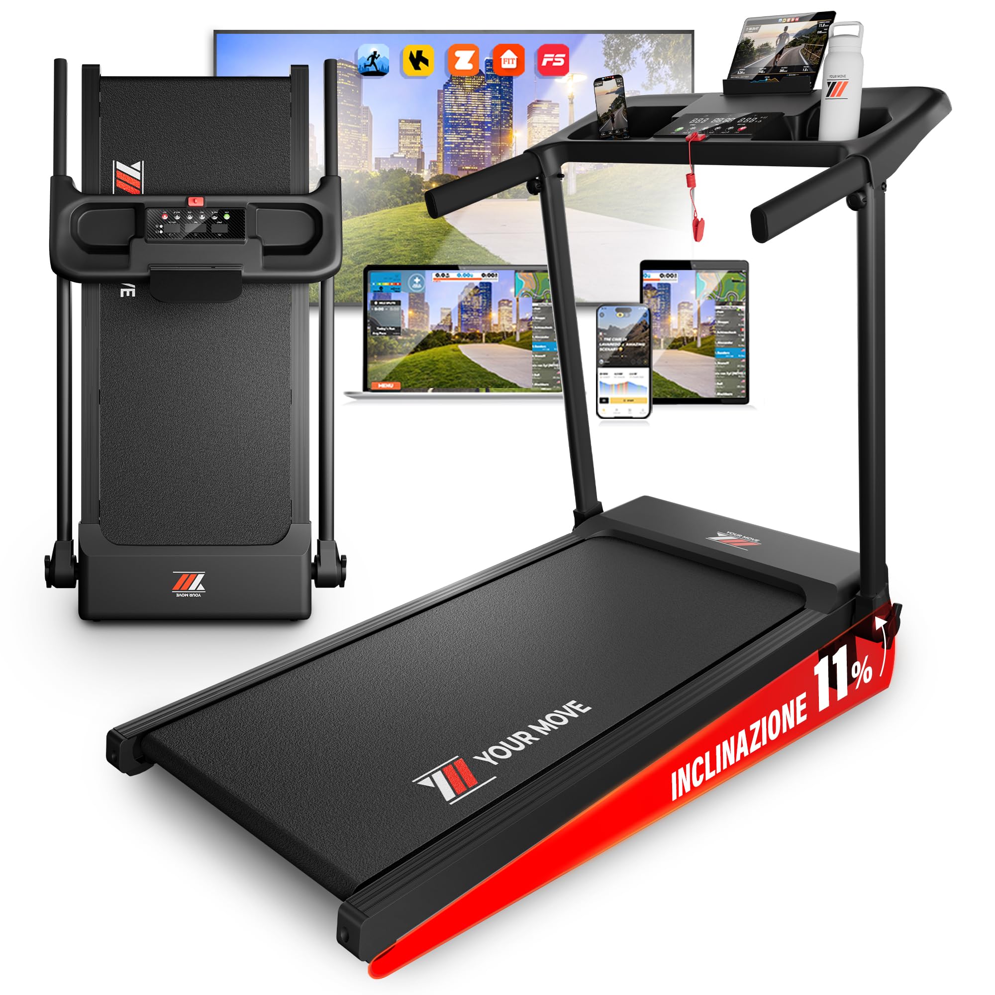 YM Tapis Roulant Salvaspazio 12 km/h, MARCHIO ITALIANO, Inclinazione, Pieghevole, Superfice Corsa MAXI, APP + Bluetooth, 6 o 12 PROG, Elettrico, ASSISTENZA e GARANZIA ITALIA Your Move NEXT 1000 PRO