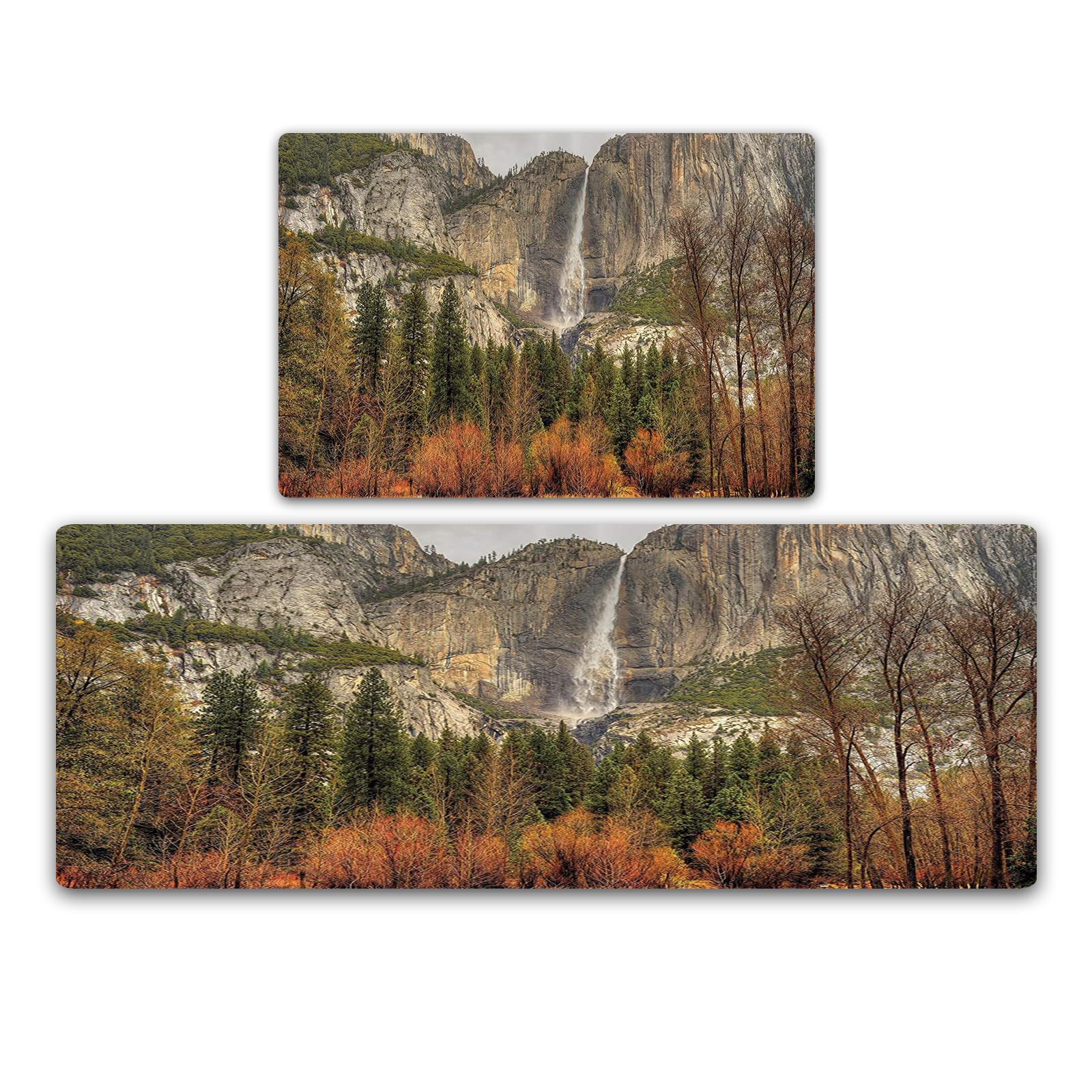 Set Di 2 Tappetini Da Cucina Yellowstone - Motivi Hot Spring Ed Evergreen Forest - Antiscivolo, Lavabili 45x70 Cm E 45x120 Cm