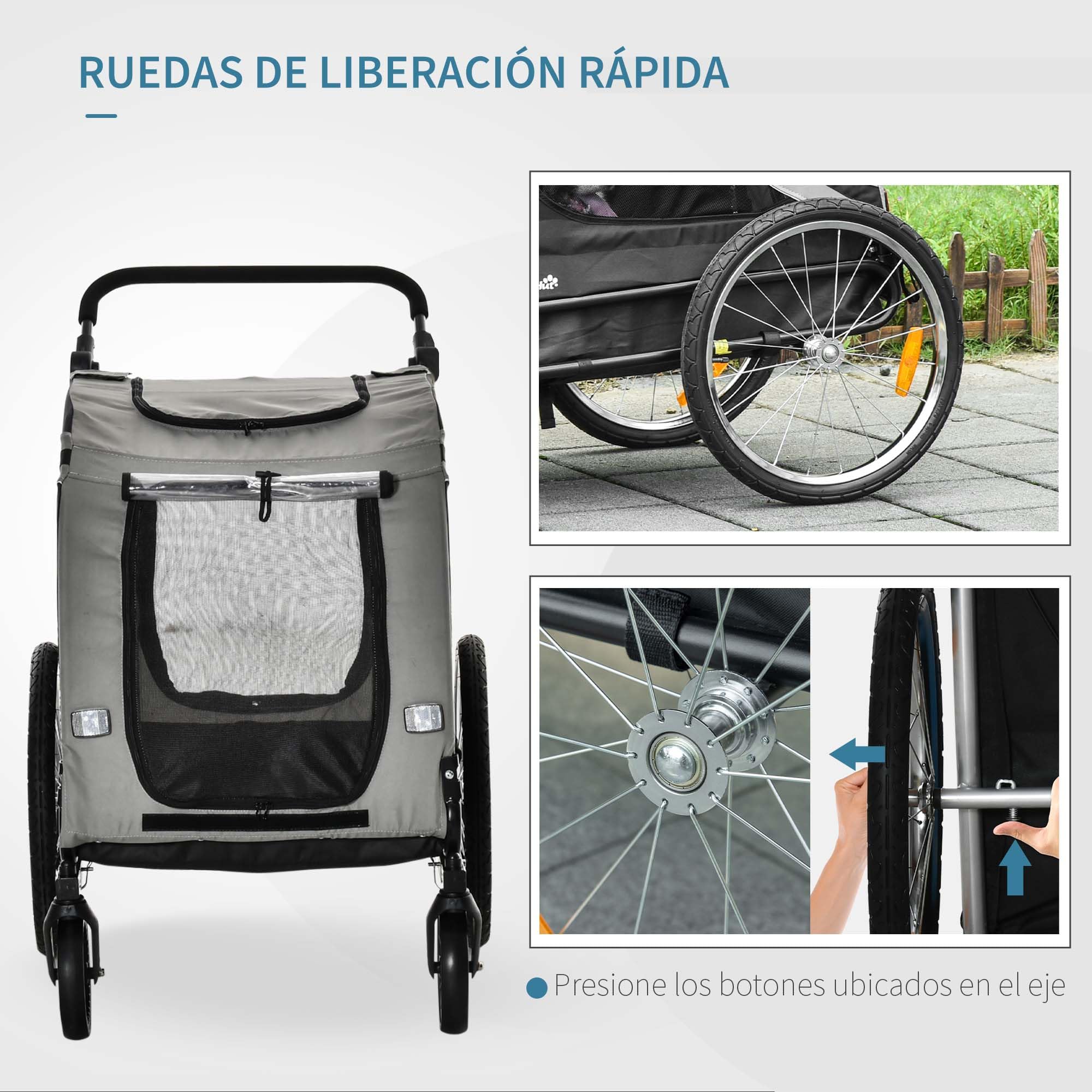 PawHut Remolque de Bicicleta para Perros 2 en 1 Carrito de Transporte para Mascotas con Puertas Enrollables Cinturón de Seguridad Bandera y 6 Reflectores Carga 30 kg 140x72,5x108 cm