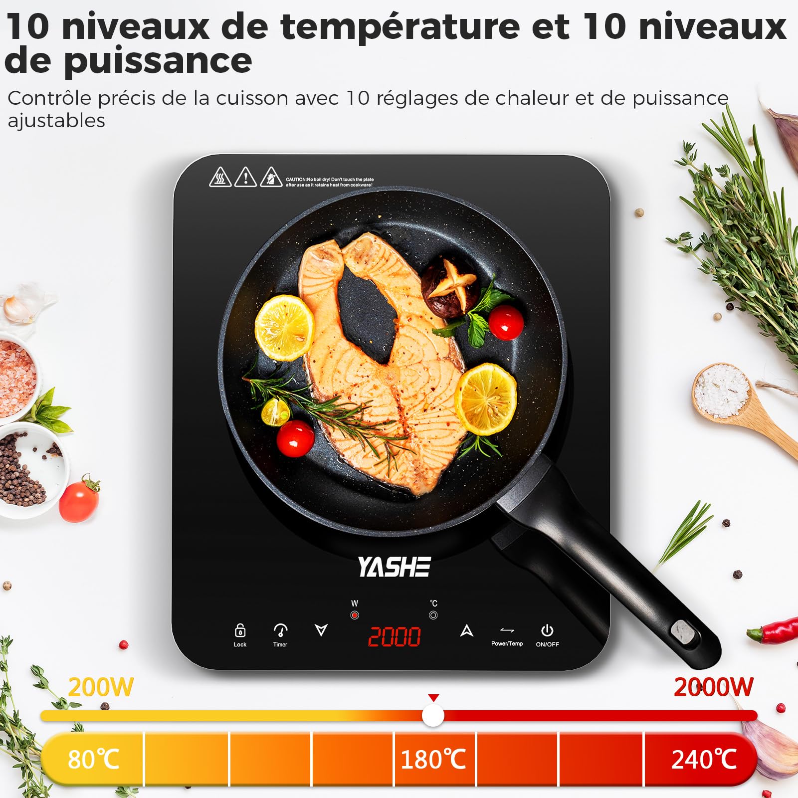 YASHE Plaque à Induction Portable 2000W, Réchaud Induction avec Commande Tactile, 10 Niveaux de Puissance et 10 Températures, Minuterie 4H, Verrouillage Enfant, Vitrocéramique
