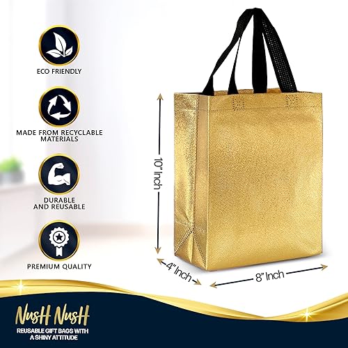 Miniatura 5 de Nush Nush Bolsas de regalo negras y doradas de tamaño mediano, juego de 12 bolsas de regalo reutilizables con 6 bolsas de regalo negras y 6 bolsas
