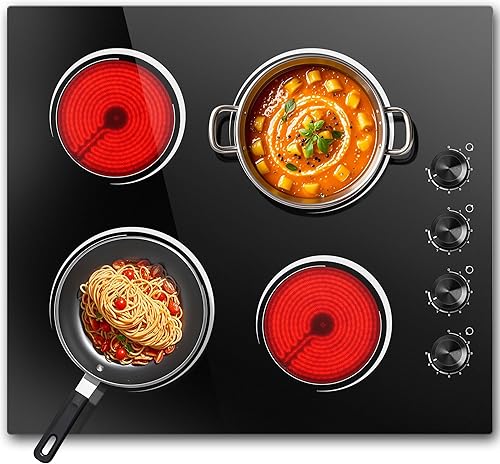 Estufa eléctrica de 4 quemadores con control de perilla, 24 pulgadas, 6000 W, estufa eléctrica radiante incorporada, 9 niveles de potencia,