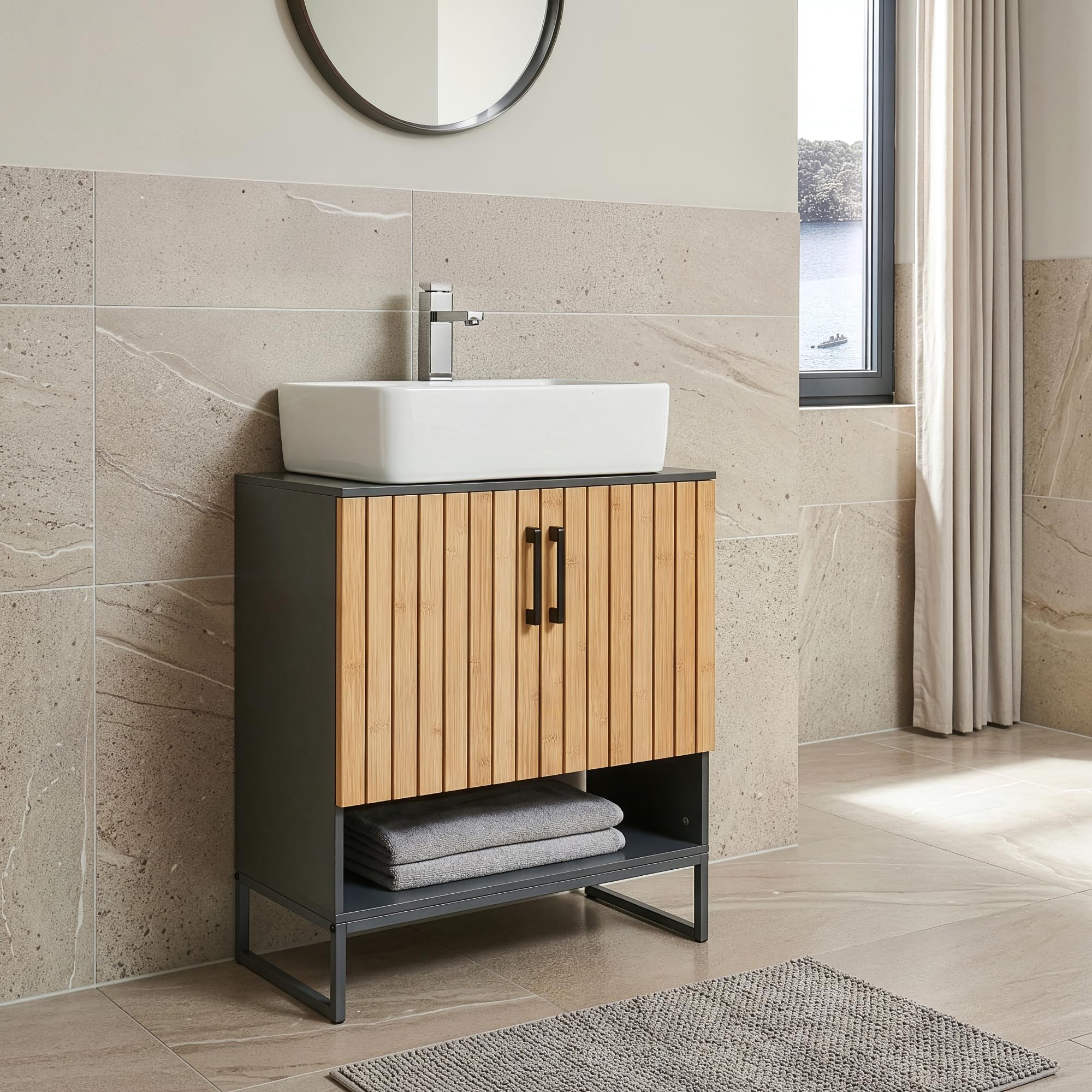 [en.casa] Meuble sous Lavabo Svanes avec 2 Portes à Lattes 2 Compartiments Intérieurs Étagère Inférieure Meuble sous Vasque Salle de Bain WC Bambou 70 x 60 x 30 cm Gris Foncé Naturel