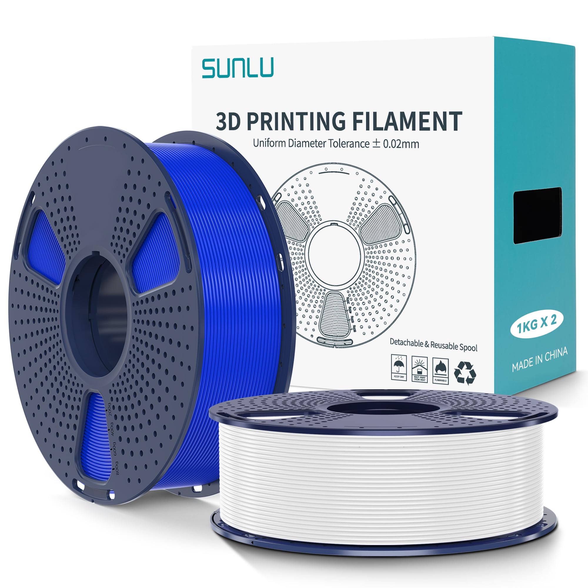 SUNLU PLA+2.0 Filamento per stampante 3D, Filamento PLA Plus di Aggiornamento 2KG, Precisione dimensionale +/- 0.02 mm, Bobina da 1kg (2.2LBS), 2KG in Totale, Bianco+Blu
