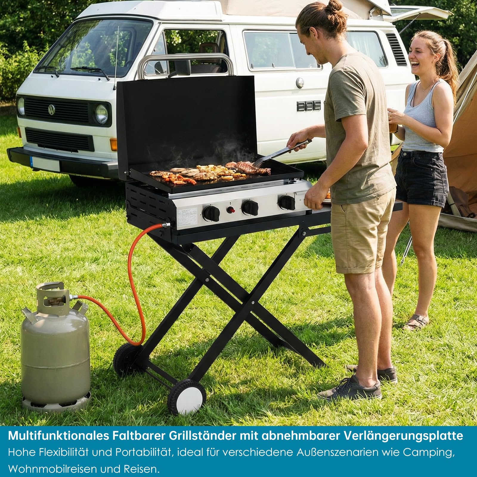 LIFERUN Klappbarer Grillwagen mit Arbeitsfläche 102x39 cm, 2 Räder, Tragbarer Grilltisch, Faltbarer Grillständer für Outdoor, 30 kg Traglast, Schwarz