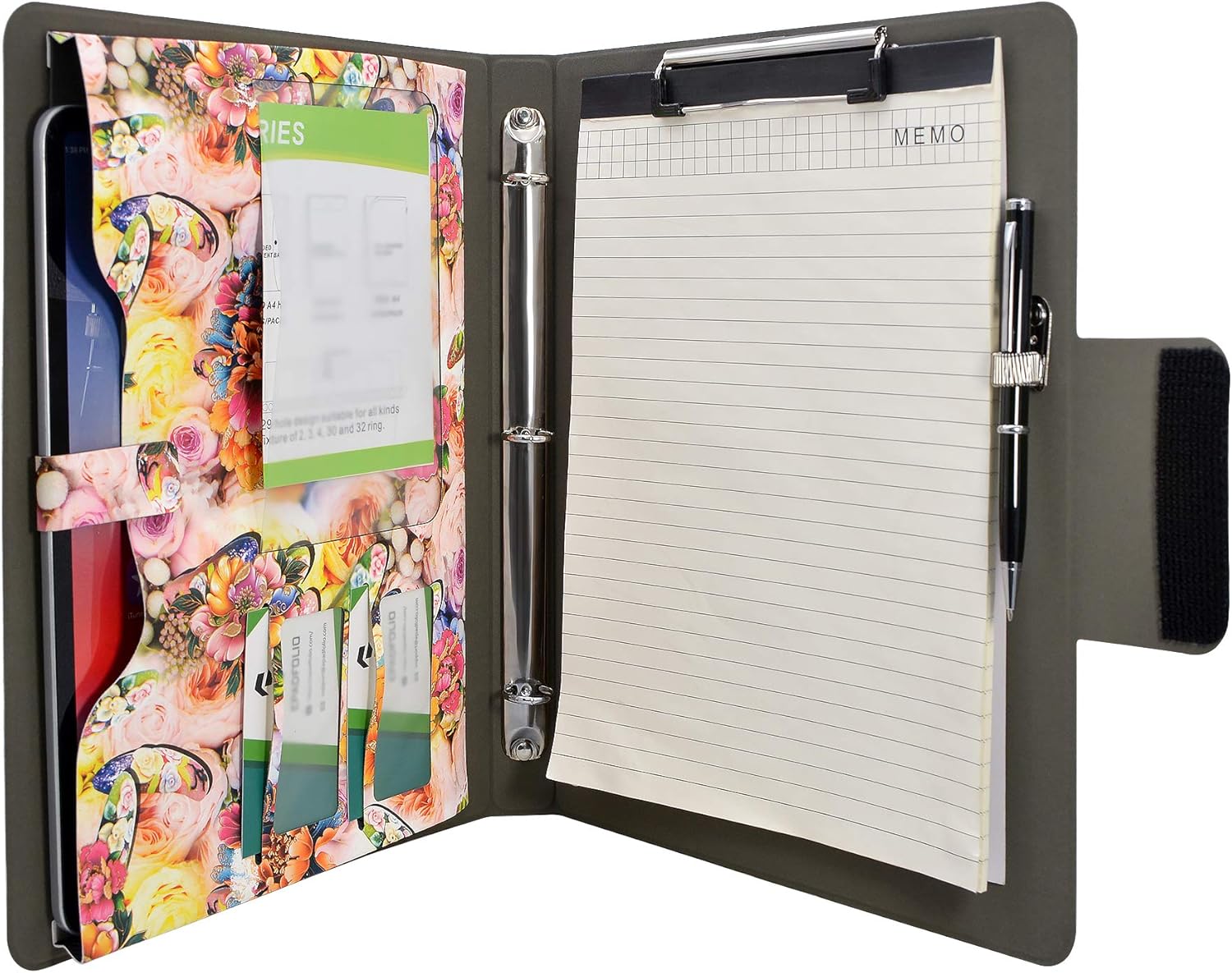Padfolio Ring Binder with Color File Folders, Flower Painting PU Leather Organizer Portfolio with 3-Ring Binder and Clipboard (Pink) : Office Products