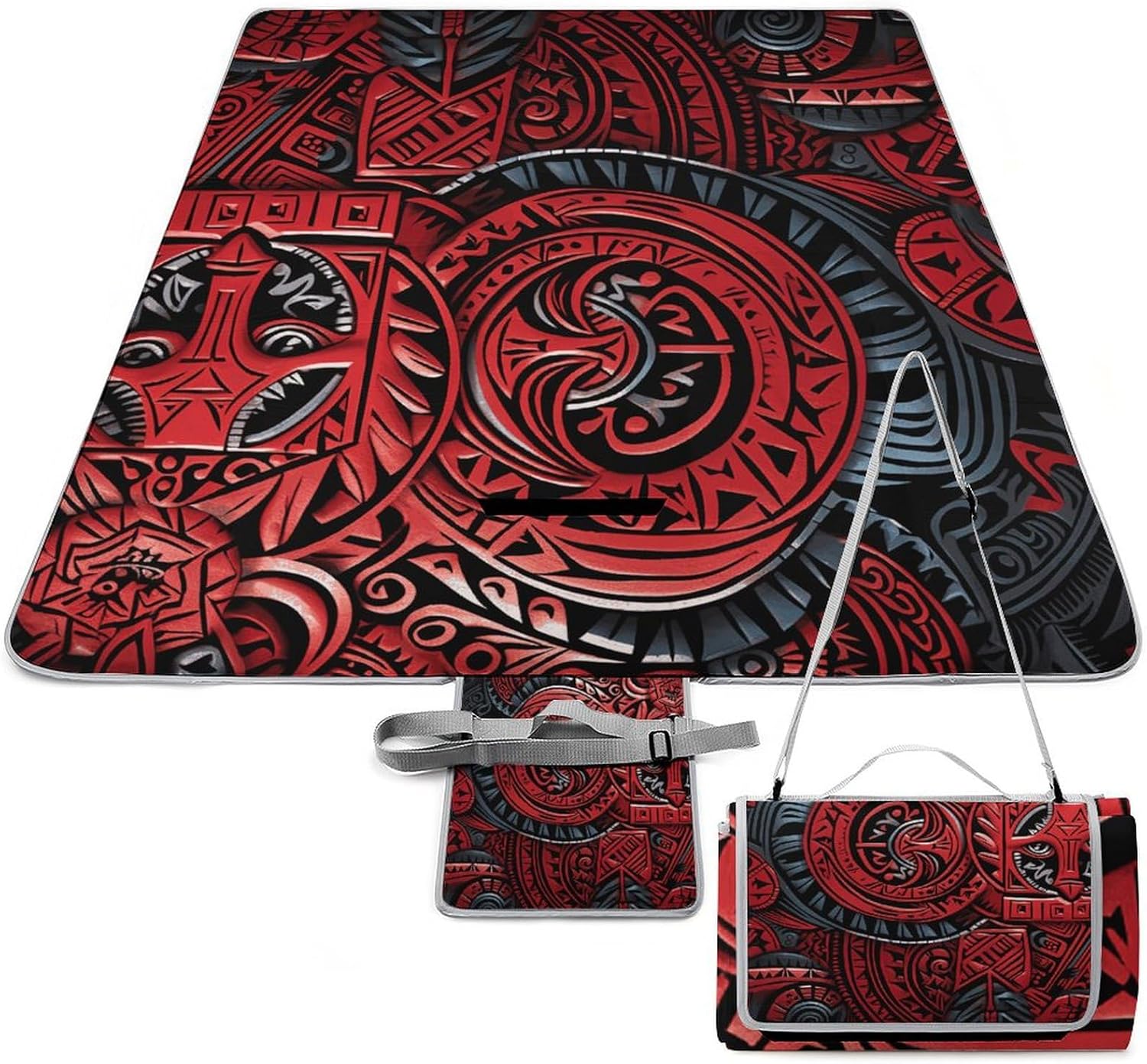 Picnic Blankets Red Tribal Pattern Printed Outdoor Beach Blanket Square Picnic Mat Foldable Outdoor Blanket for Spring Summer Camping, Beach, Park, Patio on Grass