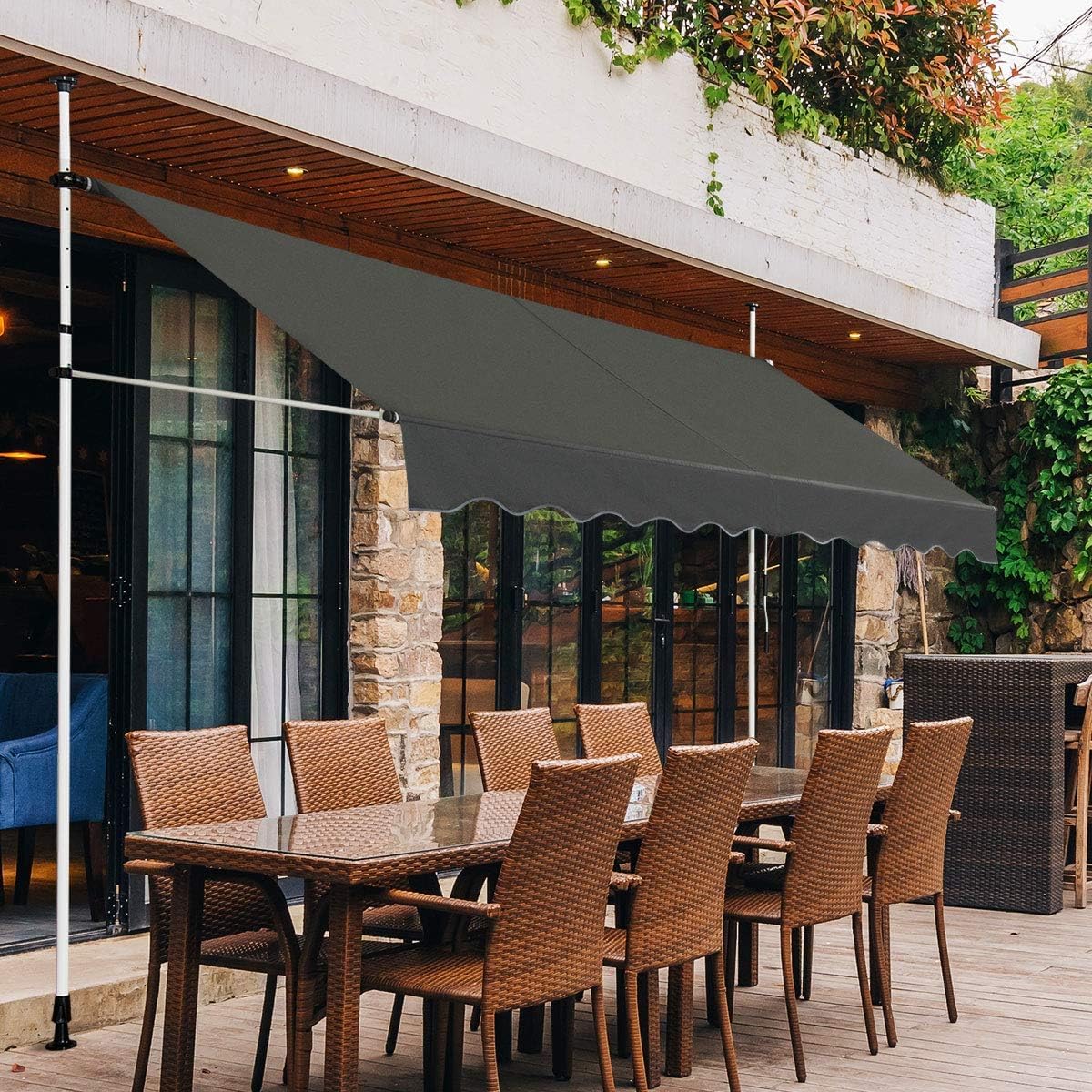 RELAX4LIFE Store Banne Manuel sans Perçage, Auvent Balcon Rétractable avec Manivelle, Tissu Oxford Anti-UV Imperméable, Hauteur Réglable 2-3 M, Store Banne pour Porte Fenêtre (Gris, 400 X 125 cm)