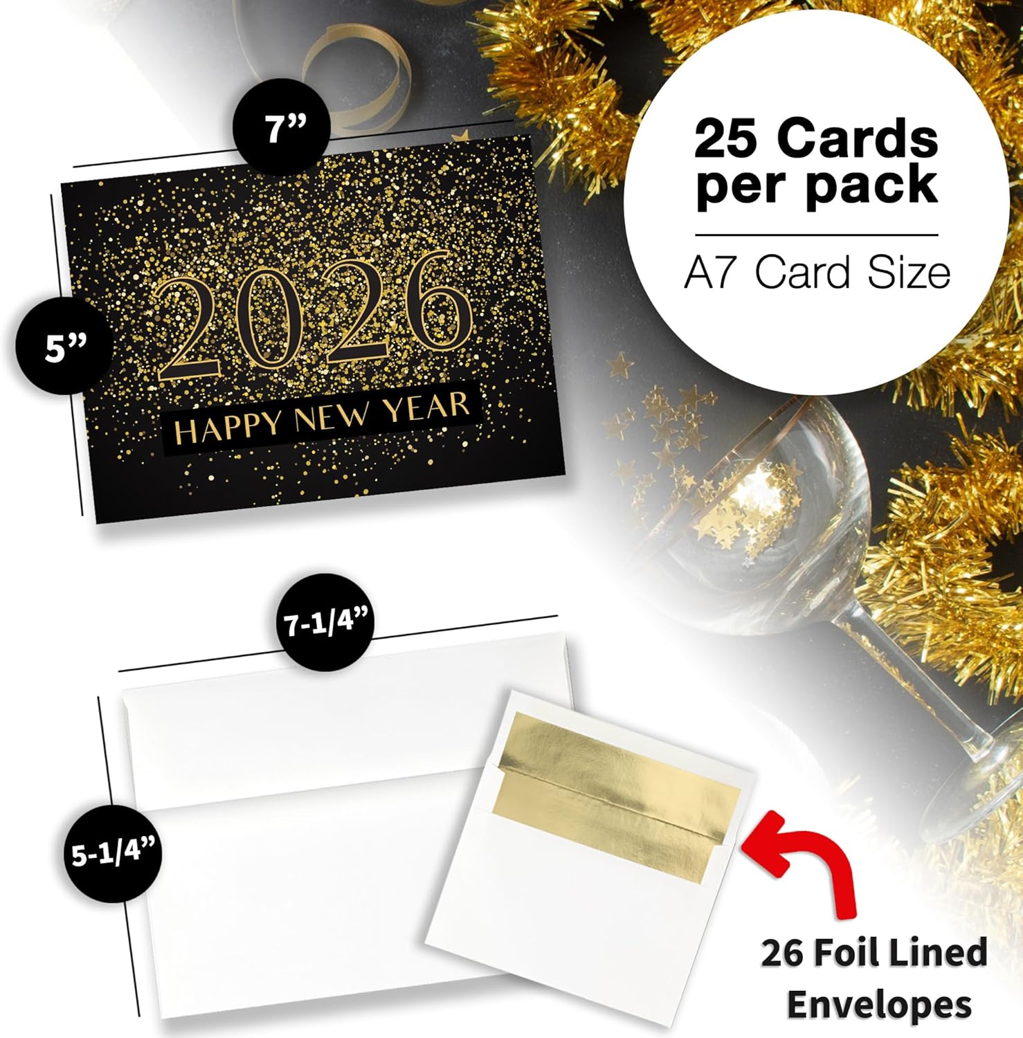 New Years Cards with Gold Foil Envelopes for Business & Family (2026 in Confetti) 25 Pack Bulk Greeting Card 2026 New Year Set (5x7 inch) Office, Work Employees & Clients (N1904) Made in USA