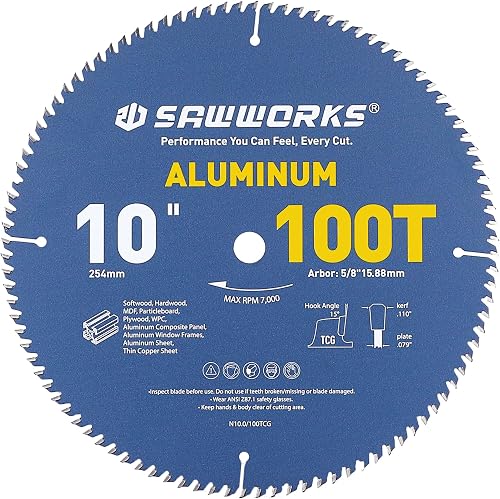 SawWorks 10" Multi-Purpose Circular Saw Blade for Aluminum & Plastic | TCG 100T For Aluminum, Copper, Brass, PVC, Acrylics & Other Non-Ferrous Metals. Clean Burr-Free Finish Cutting