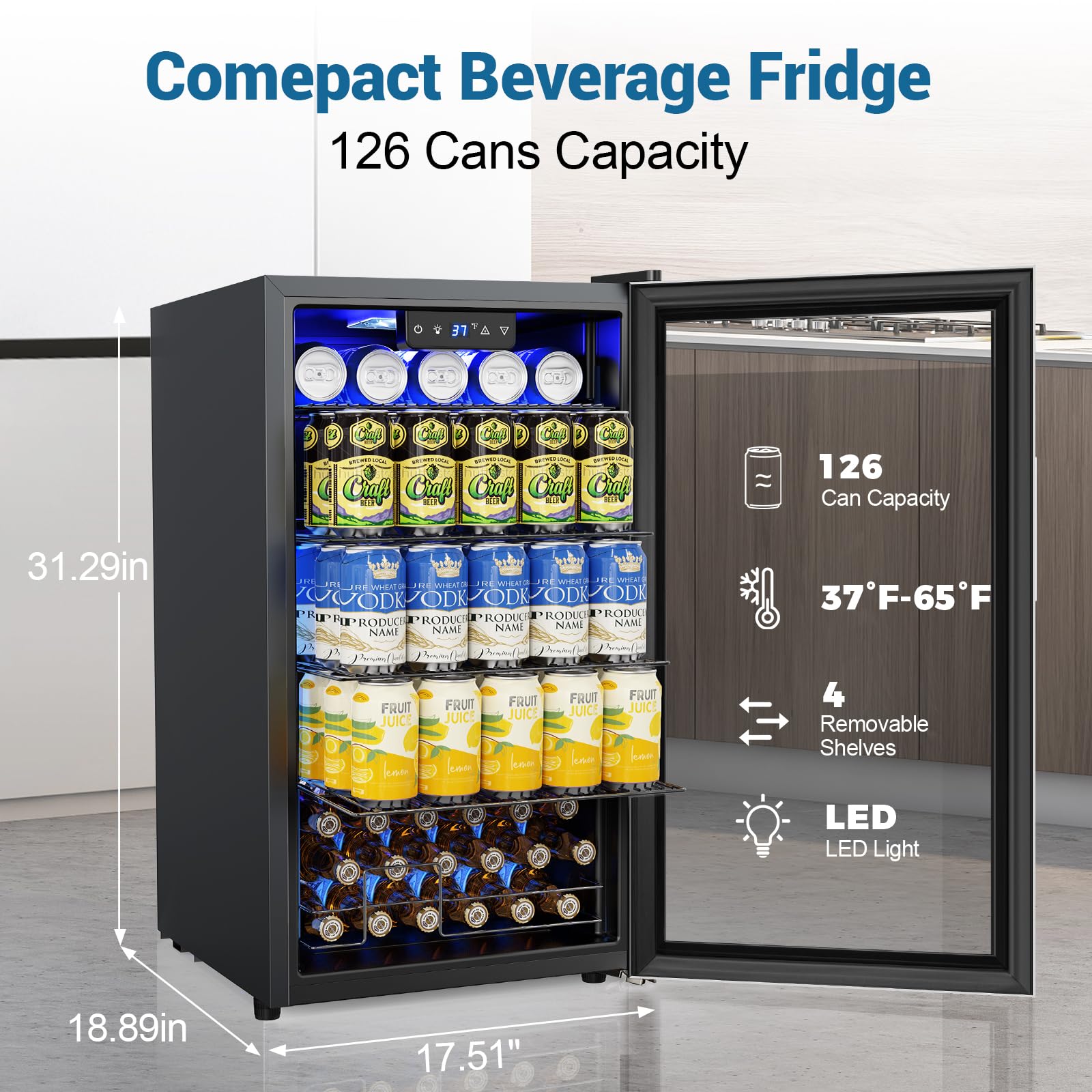 Velivi Mini Beverage Refrigerator 3.2 Cu. Ft Small Fridge 126 Can Lockable Drink Cooler With Glass Door, Safety Lock, For Beer Soda, Silver on Fridge.com - View 2