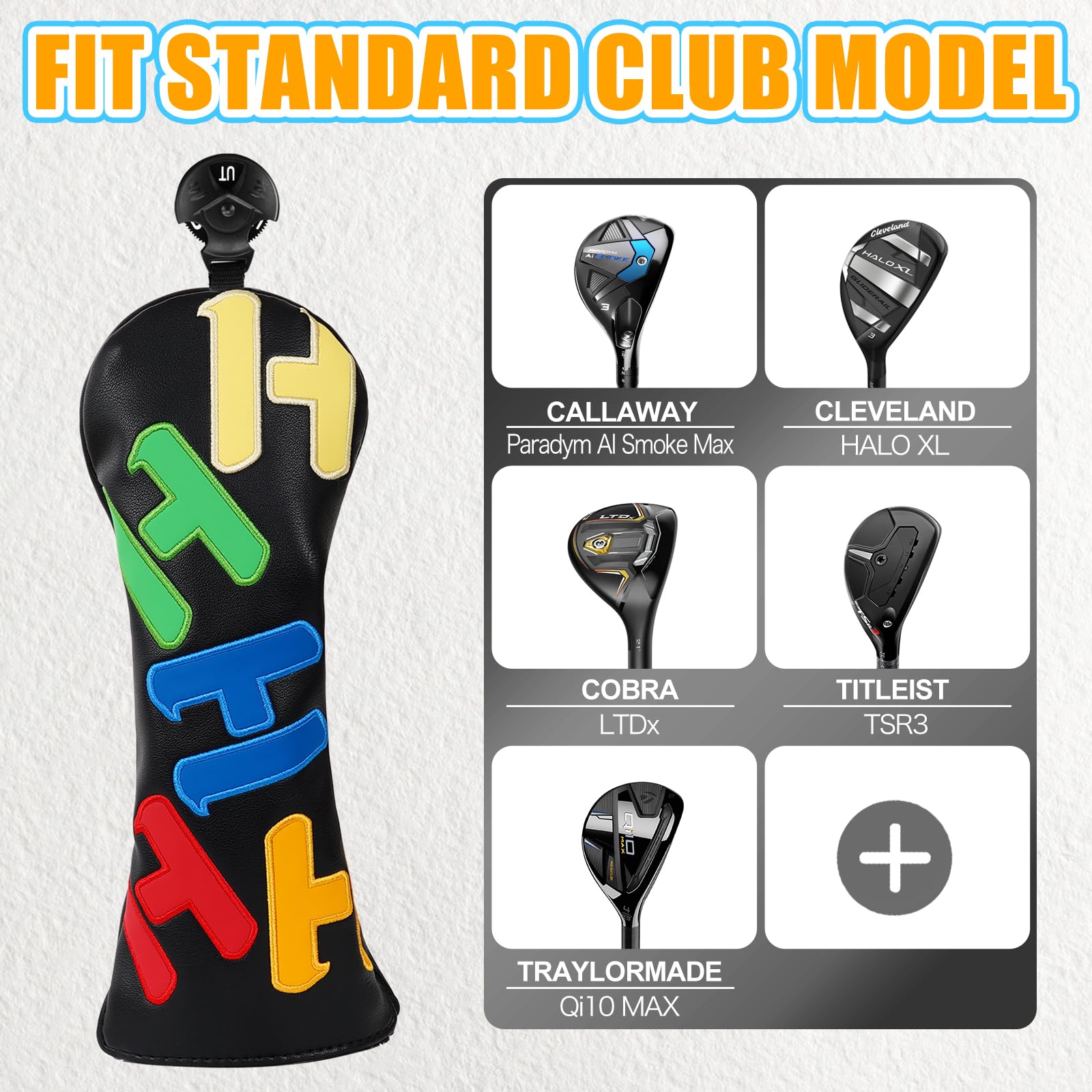 Copritesta in legno per mazze da golf, per driver/fairway/ibrido 1FH chiusura elastica nera in pelle PU con testo multicolore