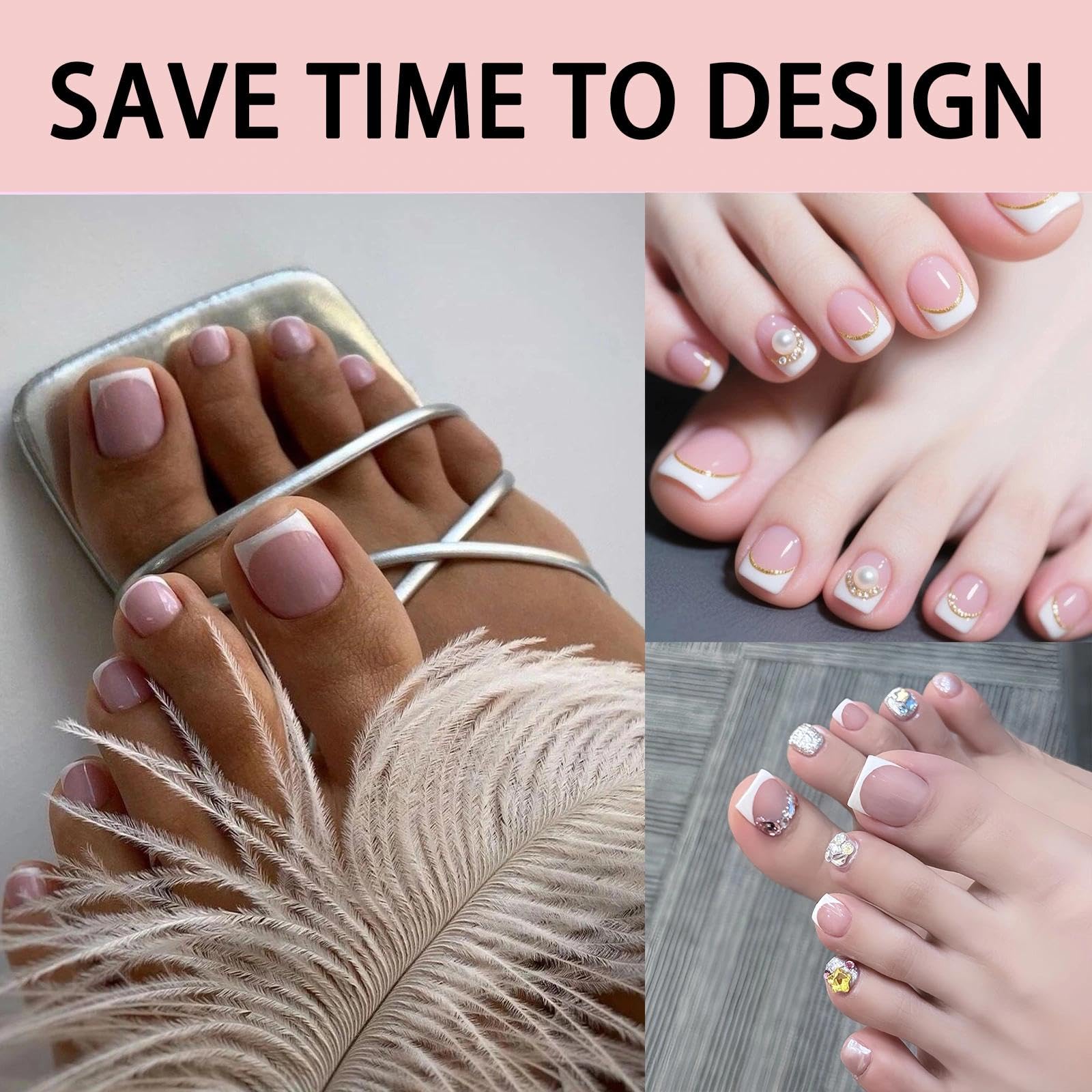 120PCS Fake Toe Nails Set - Short Square French Tip Toe Nails False - Stick On Press On Toes Nail for Women - Nail Art DIY Gift - Image 3