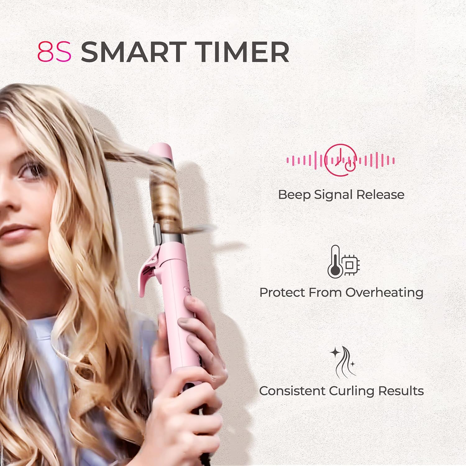 Image highlighting the 8-second smart timer feature of the TYMO ROTA, with icons for beep signal release, protection from overheating, and consistent curlresultater.
