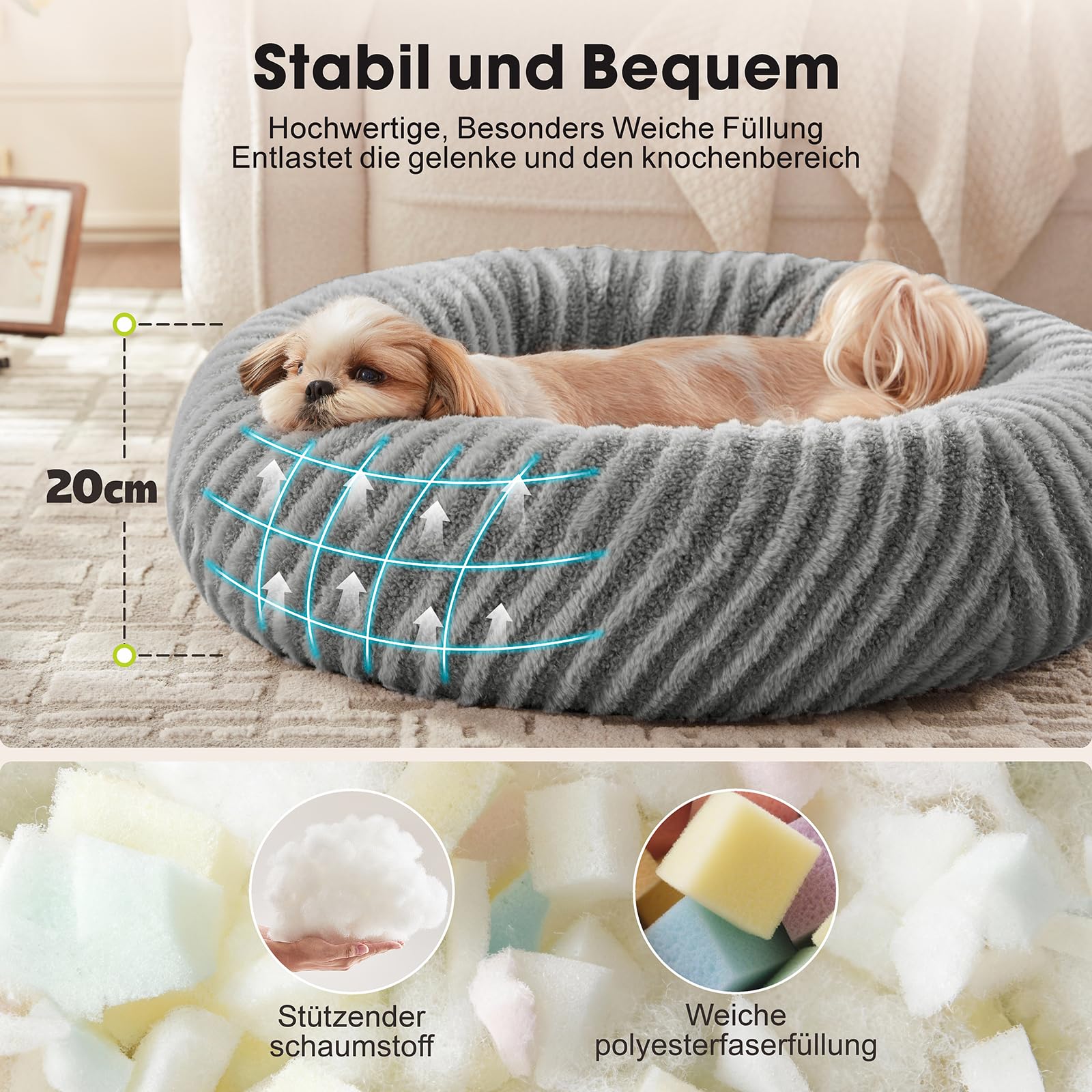 Pawk Hundebett Mittelgroße Hunde Rund, Donut Hundebett Waschbar, Kuscheliges Hundekorb Weich rutschfest, Kaninchenimitat-Plüsch & Teddy-Fleece Hundekorb, ø76 cm, Grau