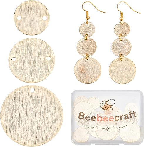 Beebeecraft 30 unidadescaja de 3 tamaños planos redondos chapados en oro de 24 quilates, dijes de eslabones en blanco para aretes de disco, collar,