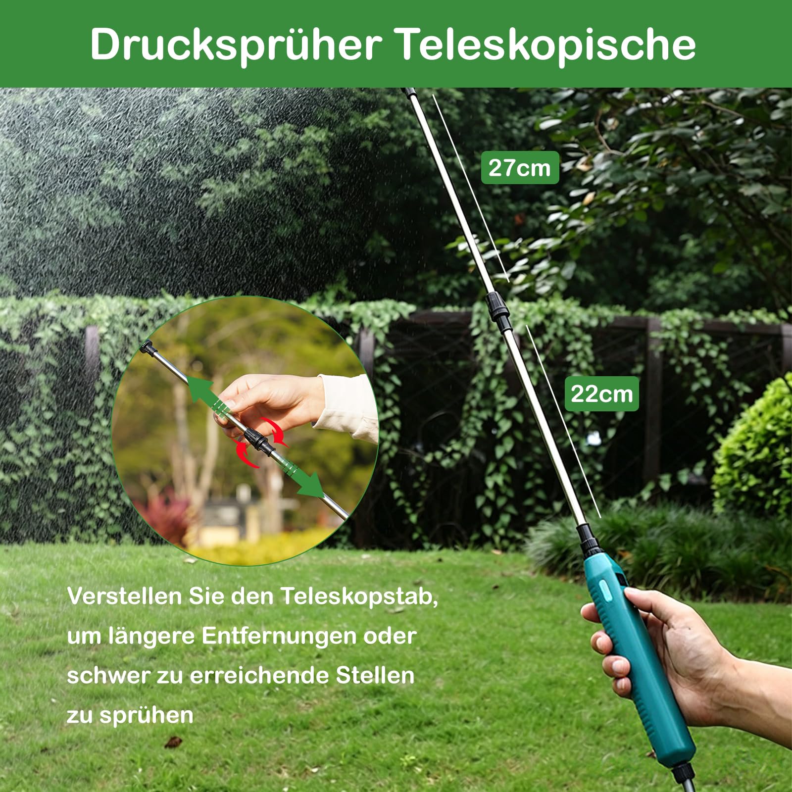 Drucksprüher AutoPump, Gartenspritze Sprühgerät mit Batterie, Elektrischer Pflanzensprüher mit 3 Düsen, Teleskopierbare Lanze mit Sichtbarer Batteriestand, Transparenter Tank (Grün 8L)