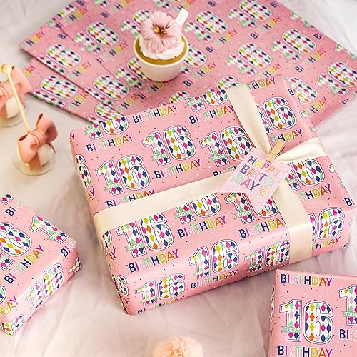 Miniatura 2 de RUSPEPA Hojas de papel de regalo de cumpleaños con etiquetas de regalo para niñas adolescentes, 6 hojas plegables cada juego, 27 x 19 pulgadas, 16