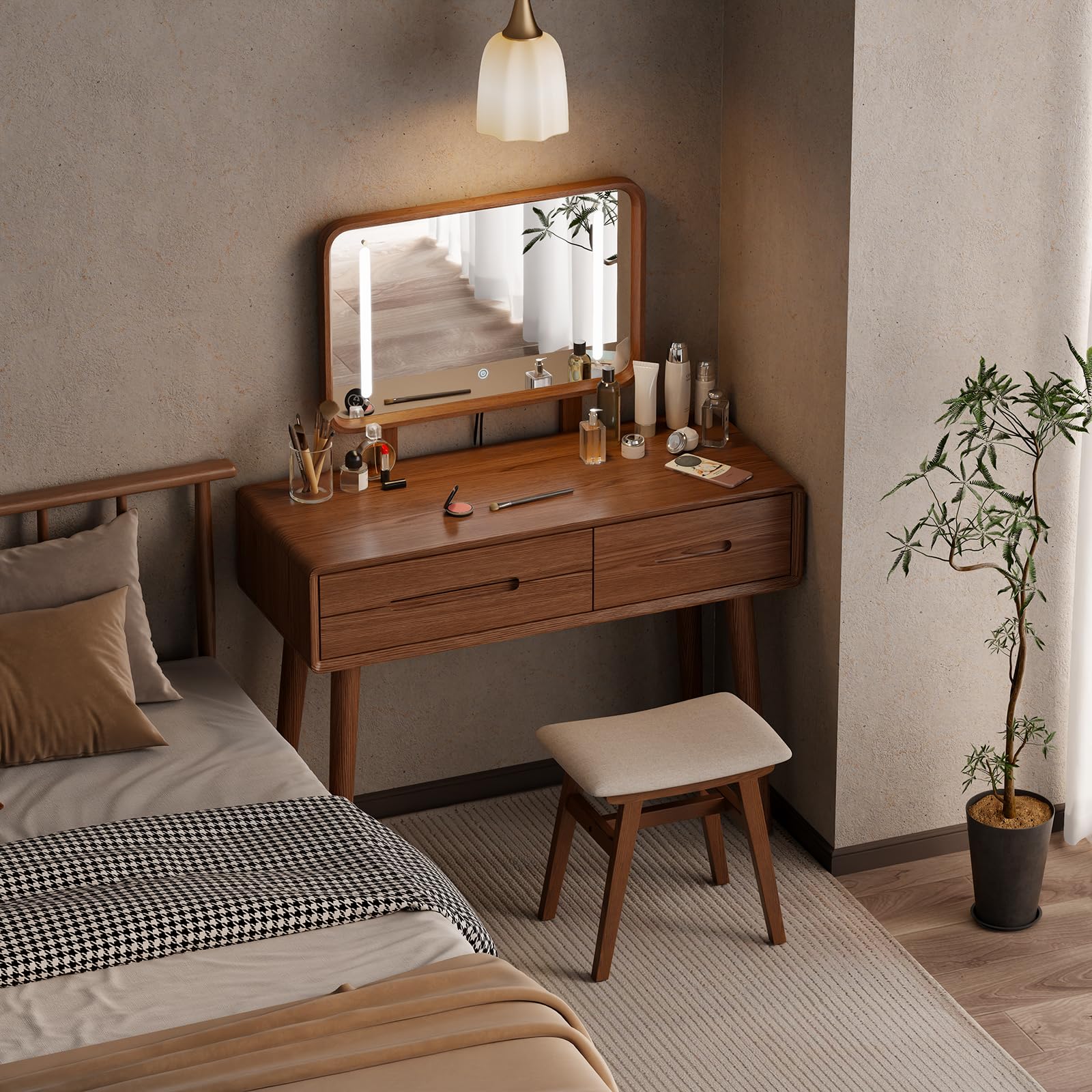 Photo 1 of DONGMUWUJEE Solid Wood Vanity with Mirror and Lights, Adjustable Brightness, Wood Makeup Vanity with 3 Drawers, Semi-Assembled, Vanity Desk for Bedroom (Walnut)