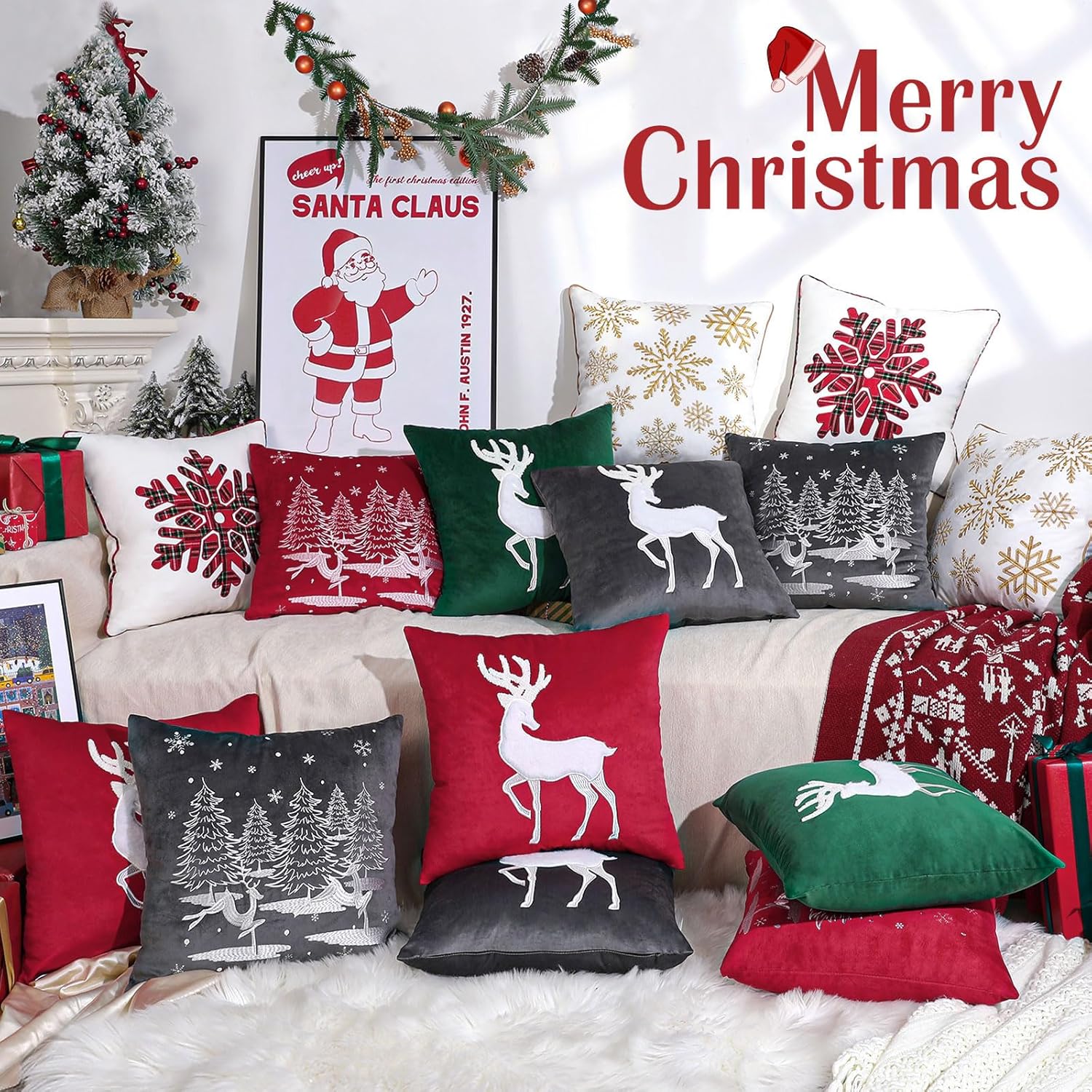 Lewondr Christmas Throw Pillow Covers Set of 2, 18 x 18 Embroidered Snowflakes Reindeer Xmas Tree Snowing Winter Throw Pillow Case Soft Cozy Velvet Decorative Square Pillowcase for Sofa Couch, Red