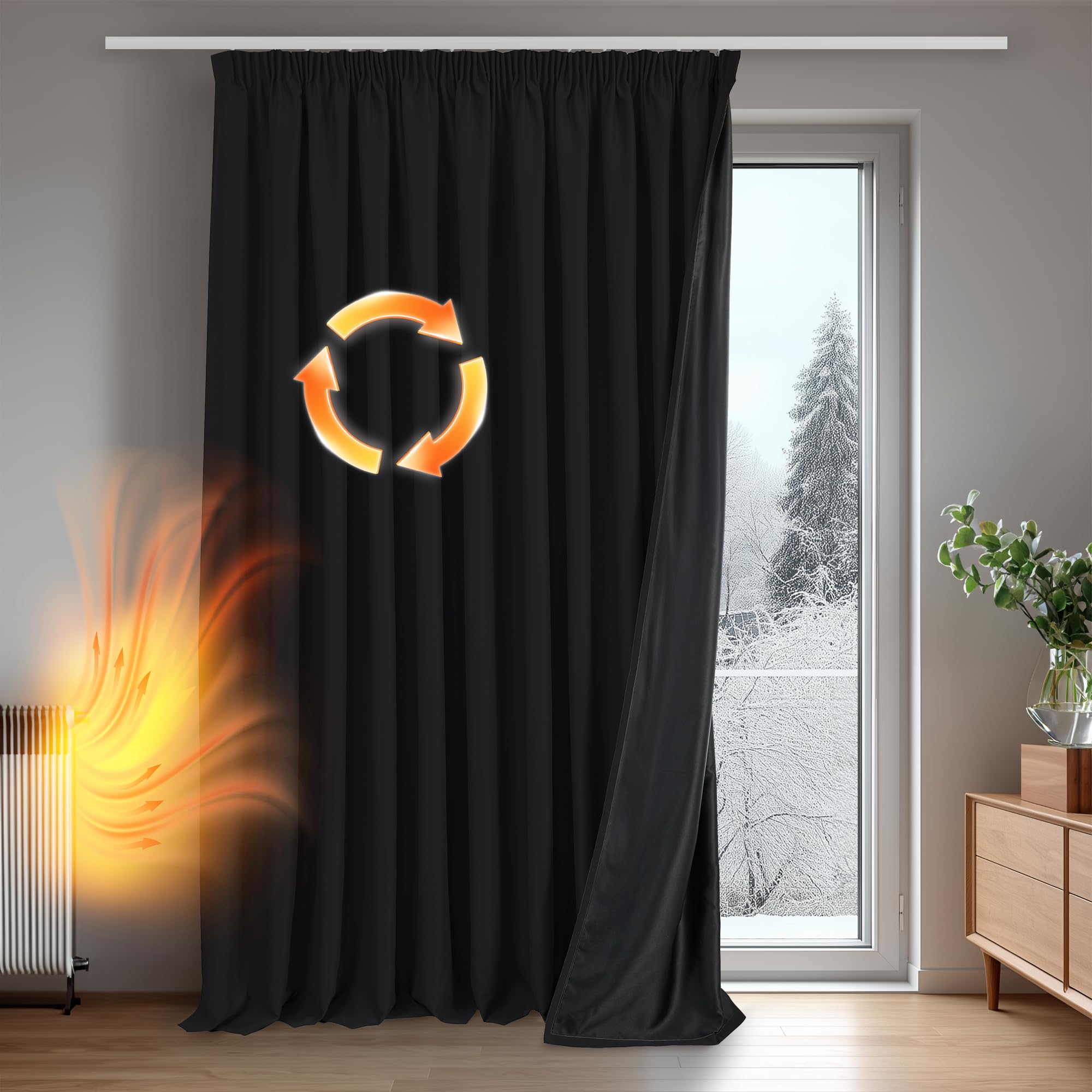 Deconovo Tende per Interni Oscuranti 100% con Retro Nero Completo, Tende Termiche Isolanti con Fettuccia per Camera da Letto e Soggiorno Moderne, 1 Pannelli, 300x260 cm, Nero