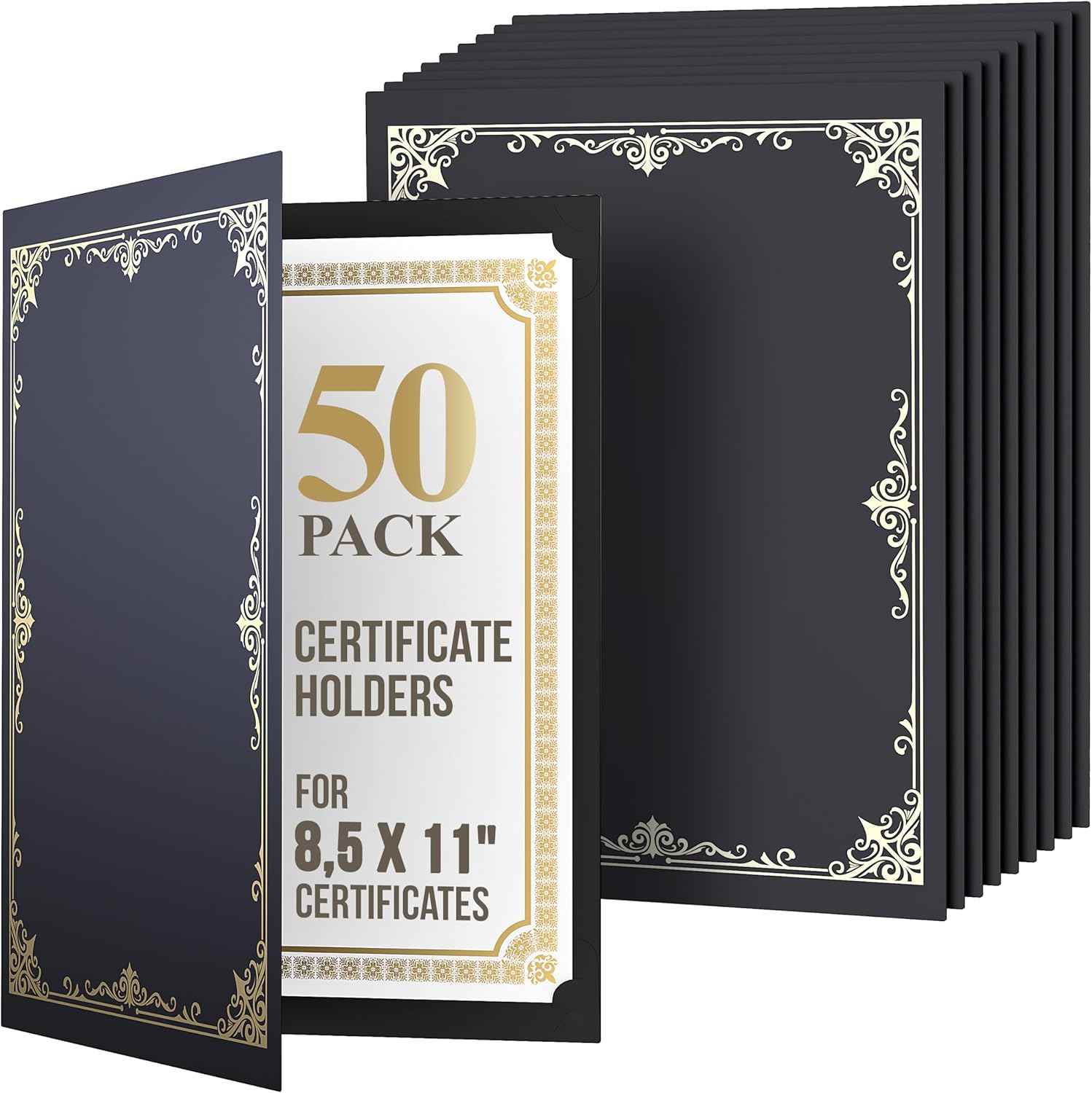 50 Pack Blue Certificate Holders 8.5 x 11 for Letter Size Certificates - Cardstock Diploma Holders with Gold Foil Border - Award Certificate Folders - Certificate Covers 8.5x11 - Diploma Cover Folder