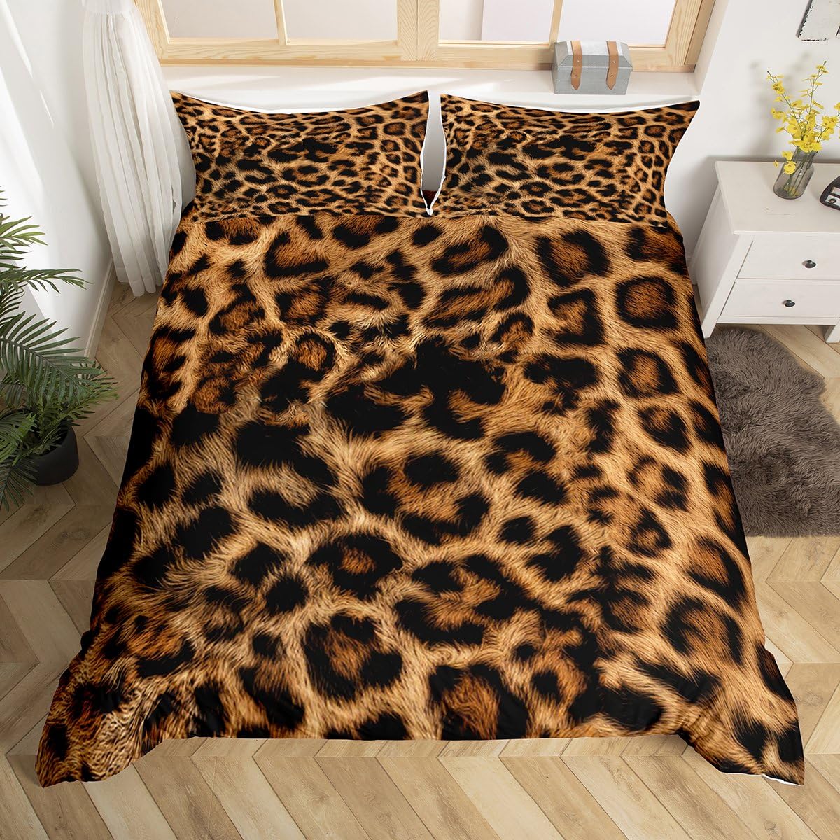Homewish African Cheetah Texture Double Duvet Cover Set - Brown Leopard Print Bedding for Kids Adults Animal Skin Print Quilt Cover - Black Reversible Bed Set with 2 Pillowcases (Microfiber)