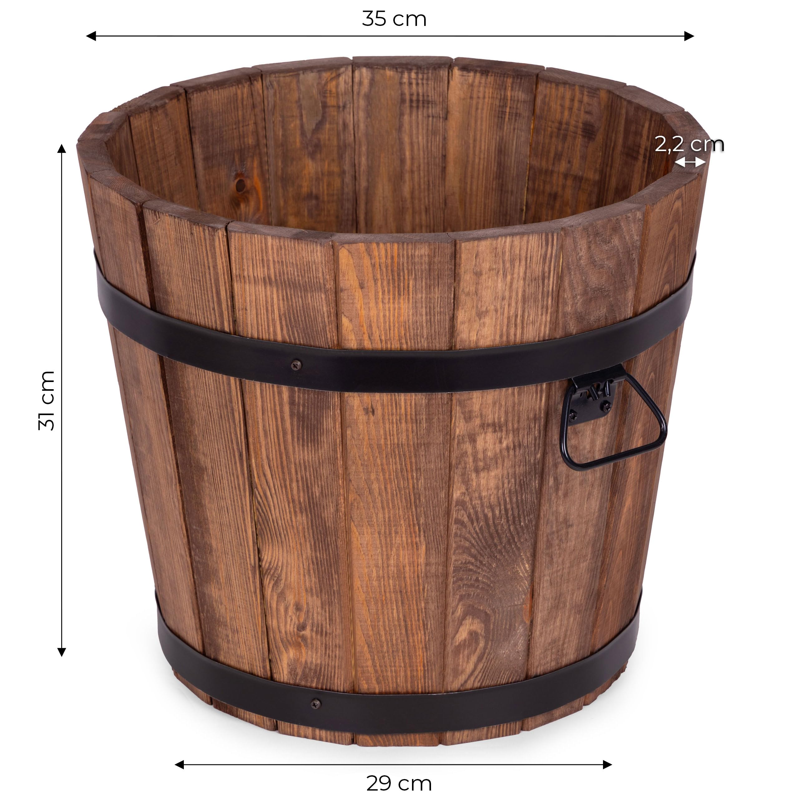 Okrągła Donica Drewniana 35x31 cm – Duża Doniczka Ogrodowa z Drewna Sosnowego w Kształcie Beczki – 18L, Brązowa, Do Ogrodu, Na Taras i Balkon
