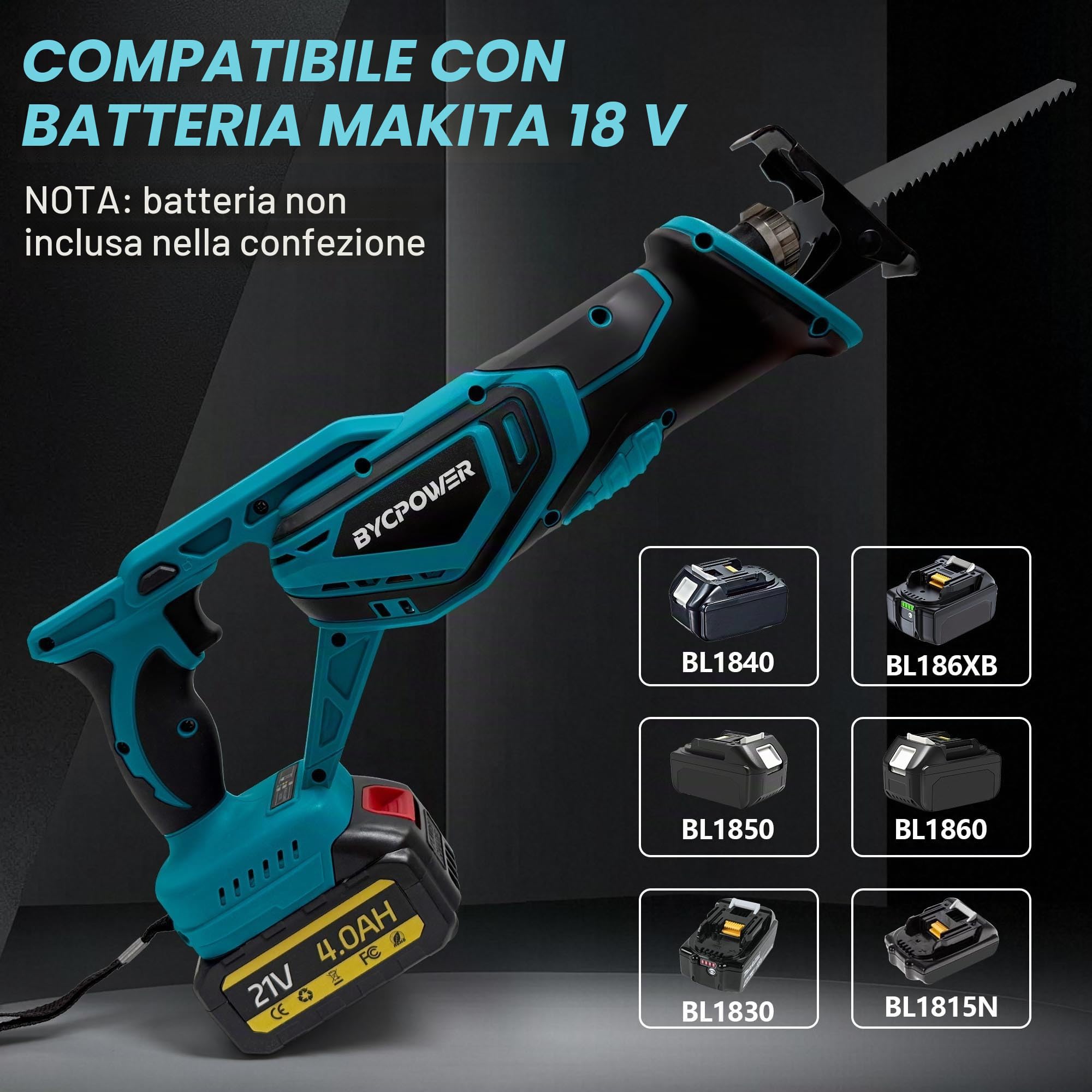 Sega a sciabola a batteria compatibile con batteria Makita LXT-18V (senza batteria), motore senza spazzole, altezza di sollevamento 22 mm, max. 3000 giri/min, con 4 lame per sega a sciabola per legno