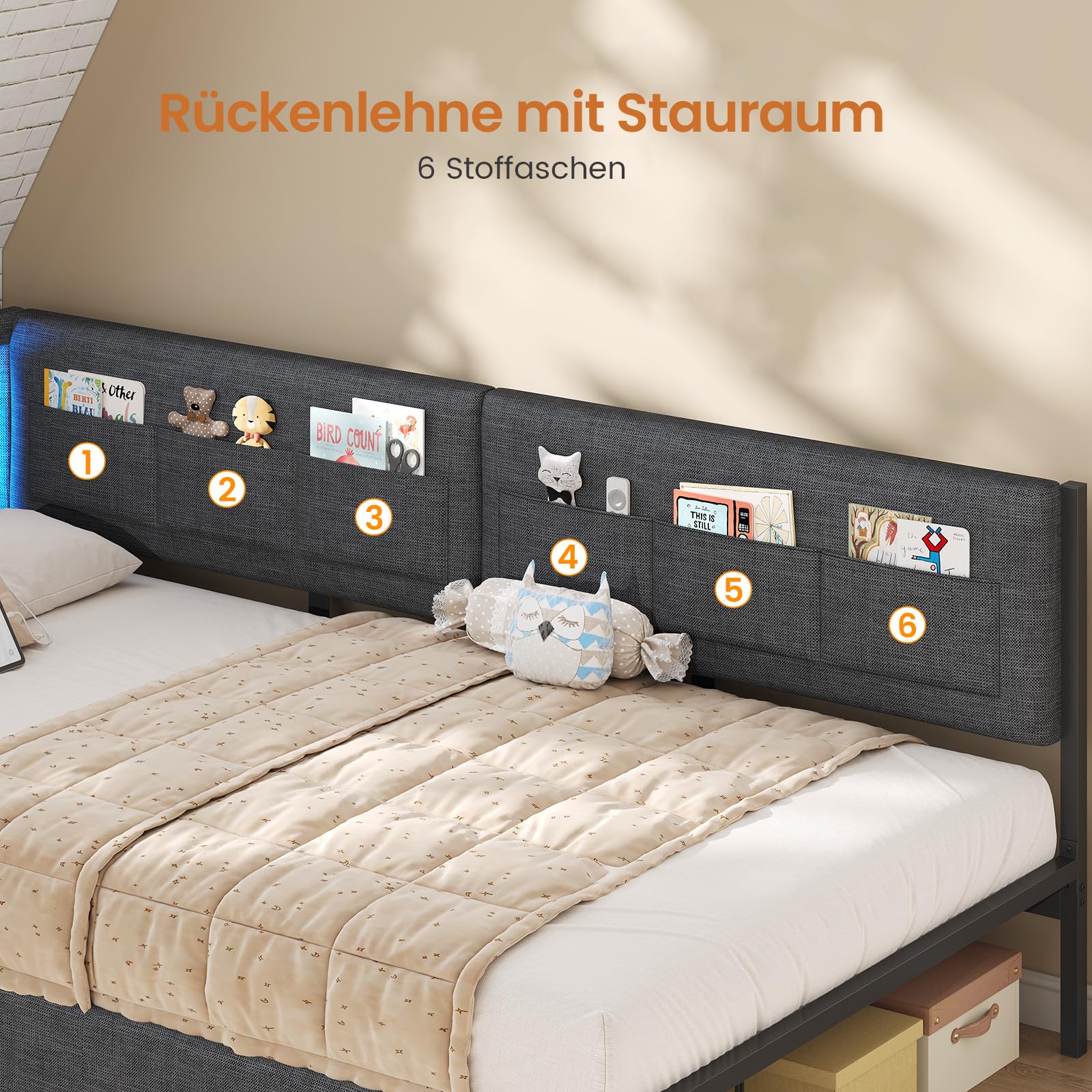 KIMENICH Polsterbett Schlafsofa 90x200 mit LED-Beleuchtung, 6 Stoffbeutel, Ladestation, Tagesbett, Jugendbett mit 2 Schubladen und Lattenrost aus Metall, Gepolstertes Kopfteil, Grau