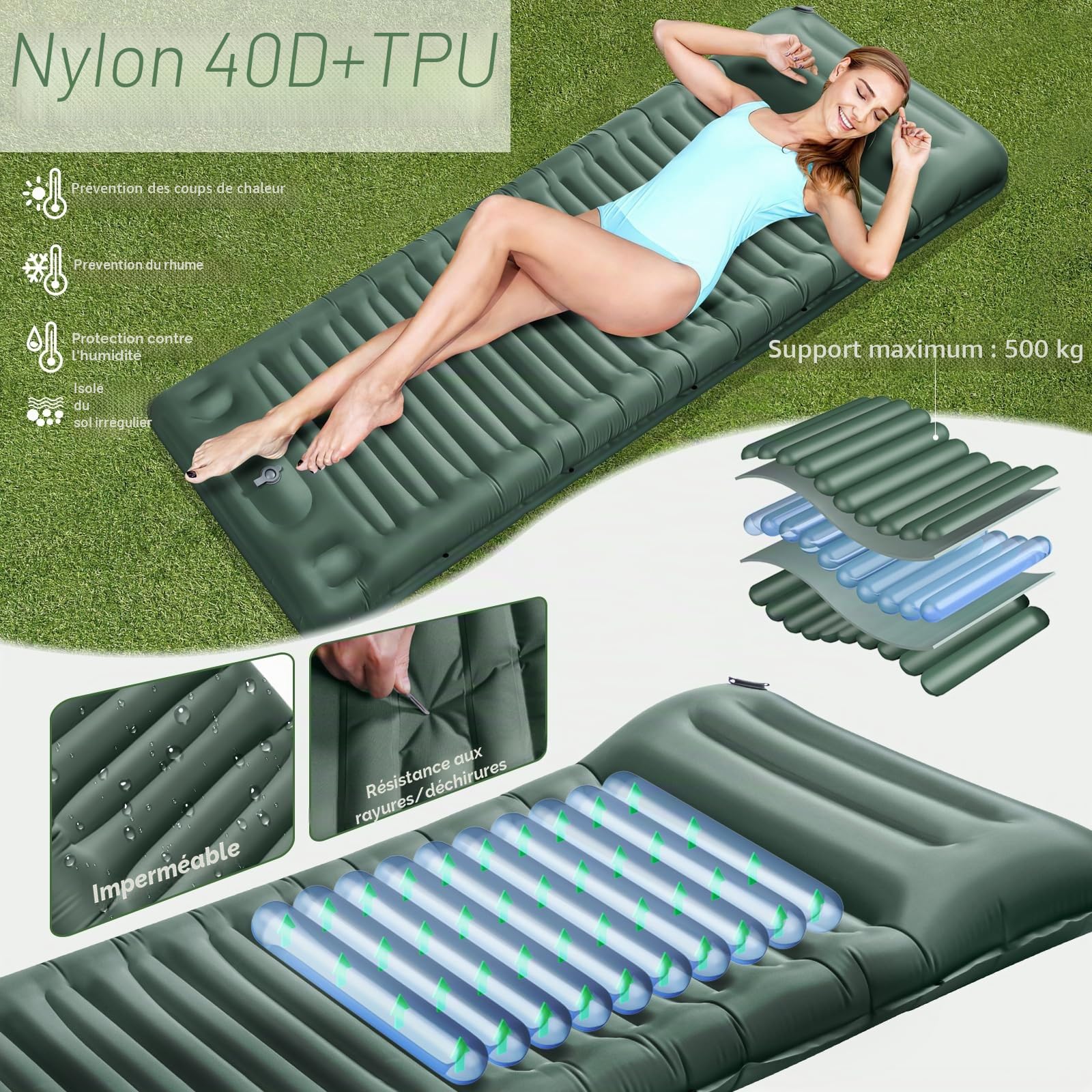 Matelas de Camping avec Pompe à Pied, Épaisseur Améliorée 12CM Tapis de Couchage Autogonflant, Matelas Randonnée avec Oreiller, Matelas Gonflable Ultraléger pour Camping,Tente,Randonnée