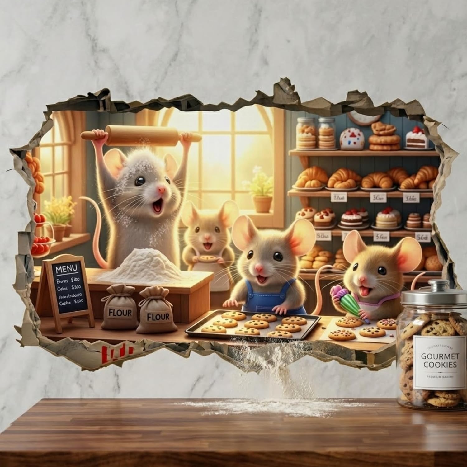 Cozy Mouse Wall Decal, 3D Fireplace Scene Decorative Sticker, Vinyl Home Decor (Bakery Scene)