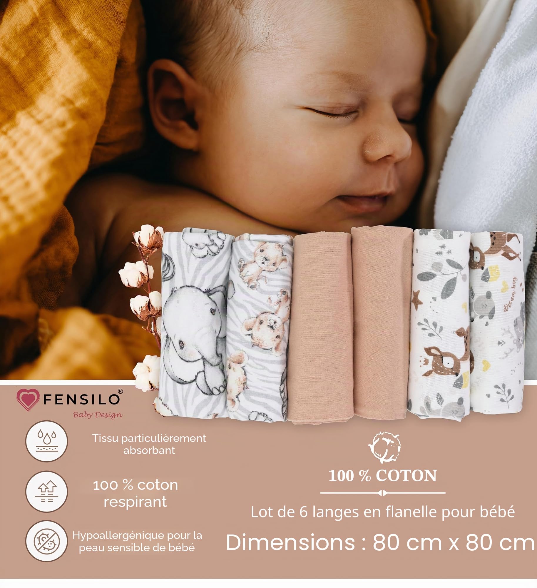 FENSILO Torchons en Flanelle Molleton - Paquet de 6 Couches 100% Coton, 80x80 cm, Motif Animal CERF pour Bébé Unisexe