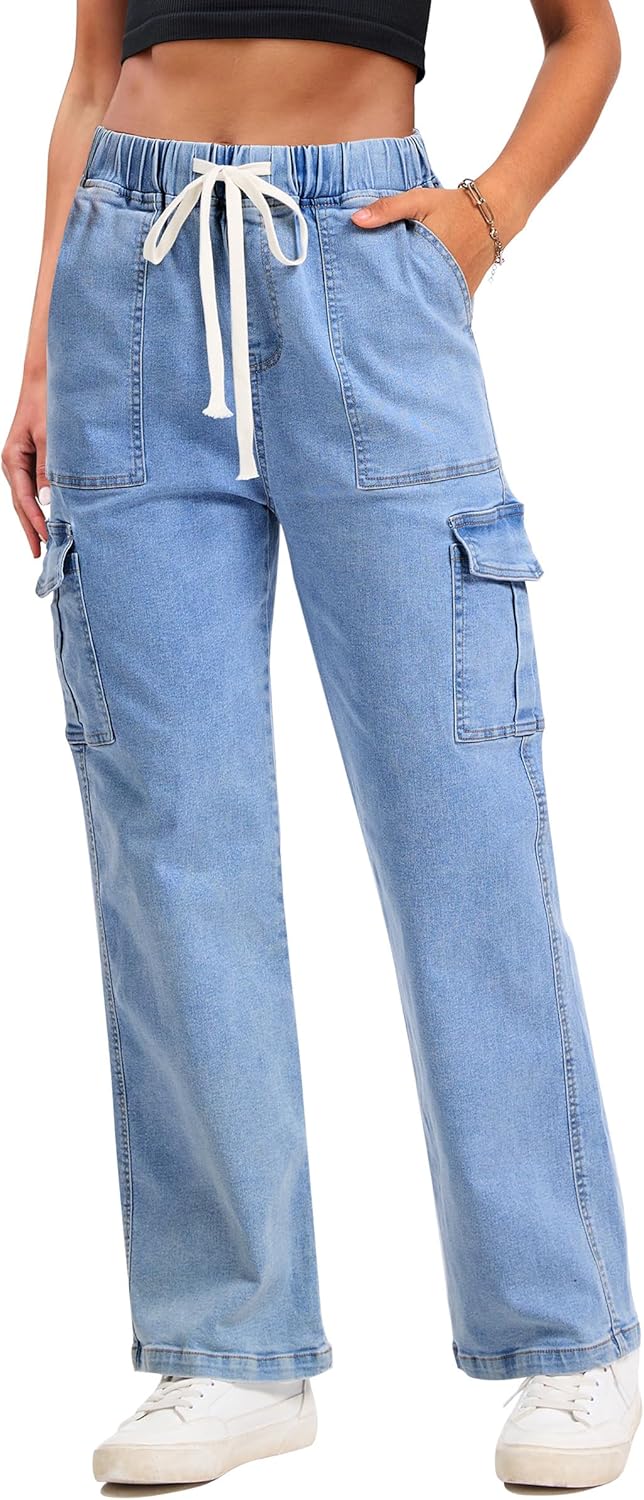SESERAGI Cargo Jeans for Women Stretchy Baggy Wide Leg Drawstring Work Denim Pants with 6 Pockets Trousers