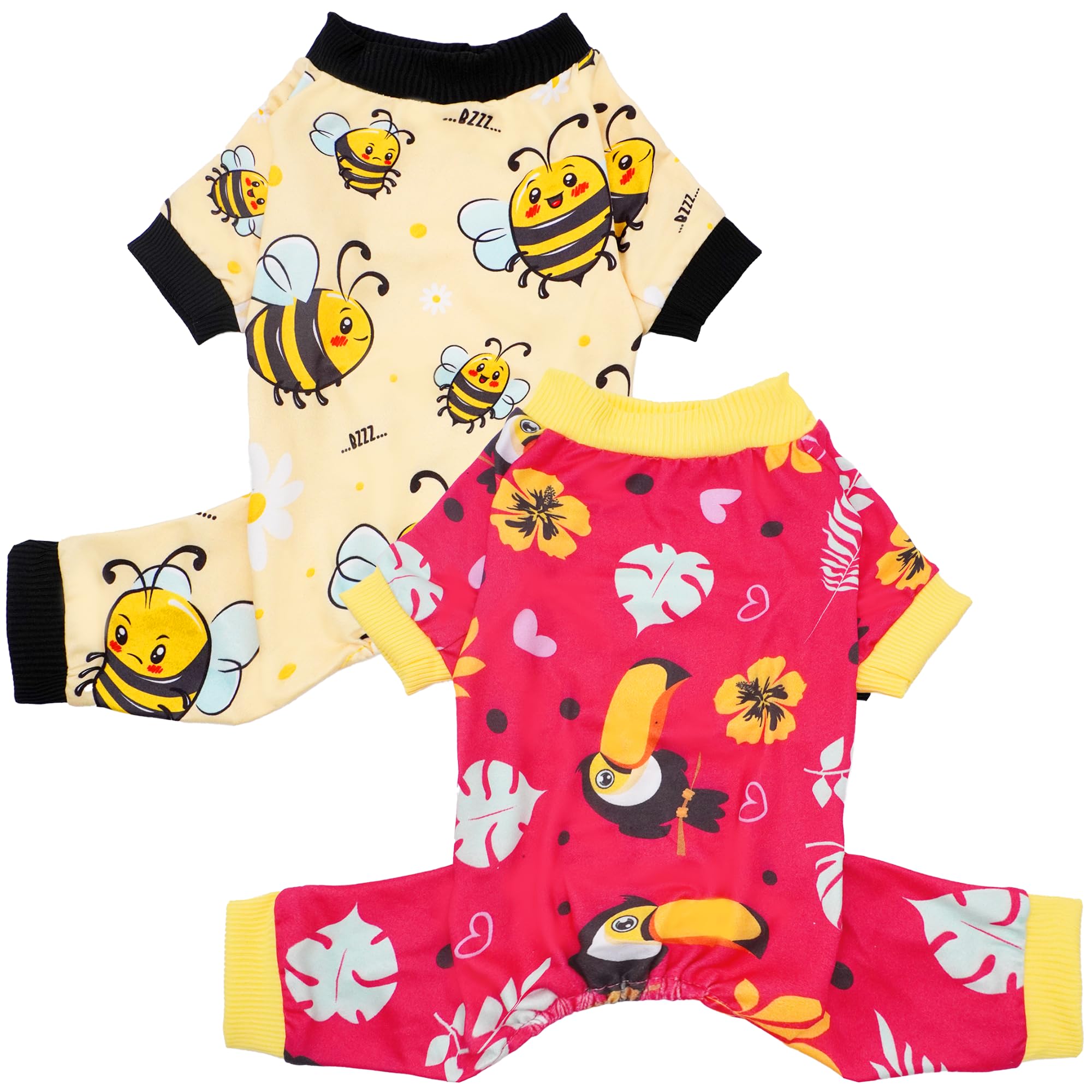 JpGdn 2PCS Dog Pyjamas for Large Sized Dogs Pjs Onesies Outfits Pet Jammies Boy Girl Male Female Apparel Pajamas Toucan Bee Pattern Soft Lightweight Stretch Clothing L