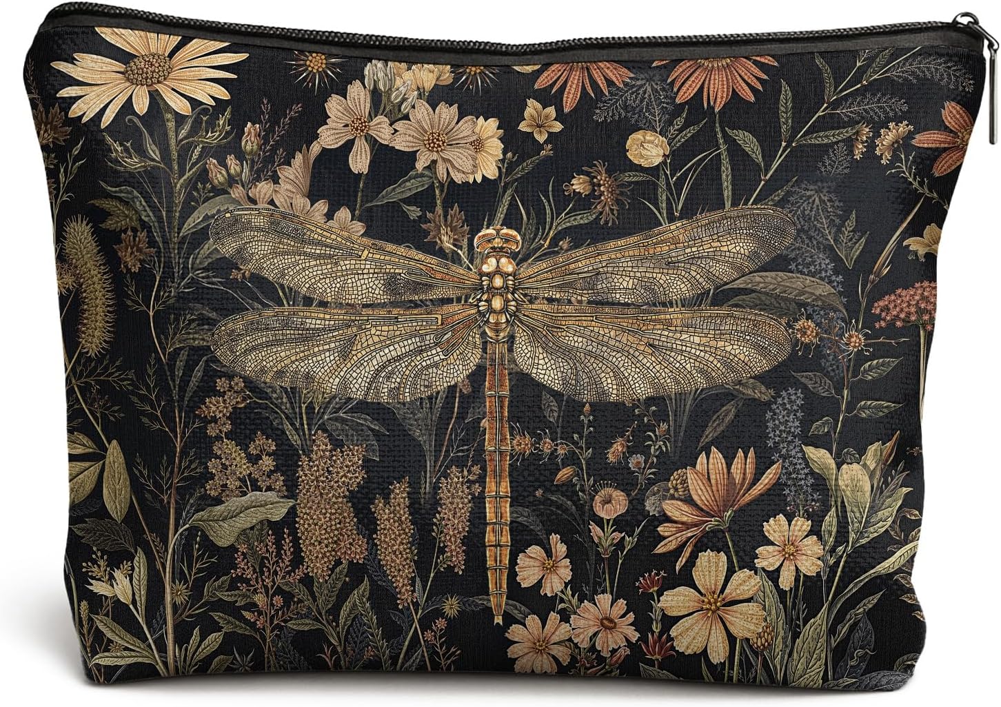 Moody Floral Dragonfly Makeup Bag, Dark Cottagecore Botanical Dragonfly Cosmetic Bags for Women, Vintage Wildflower Insect Makeup Zipper Pouch
