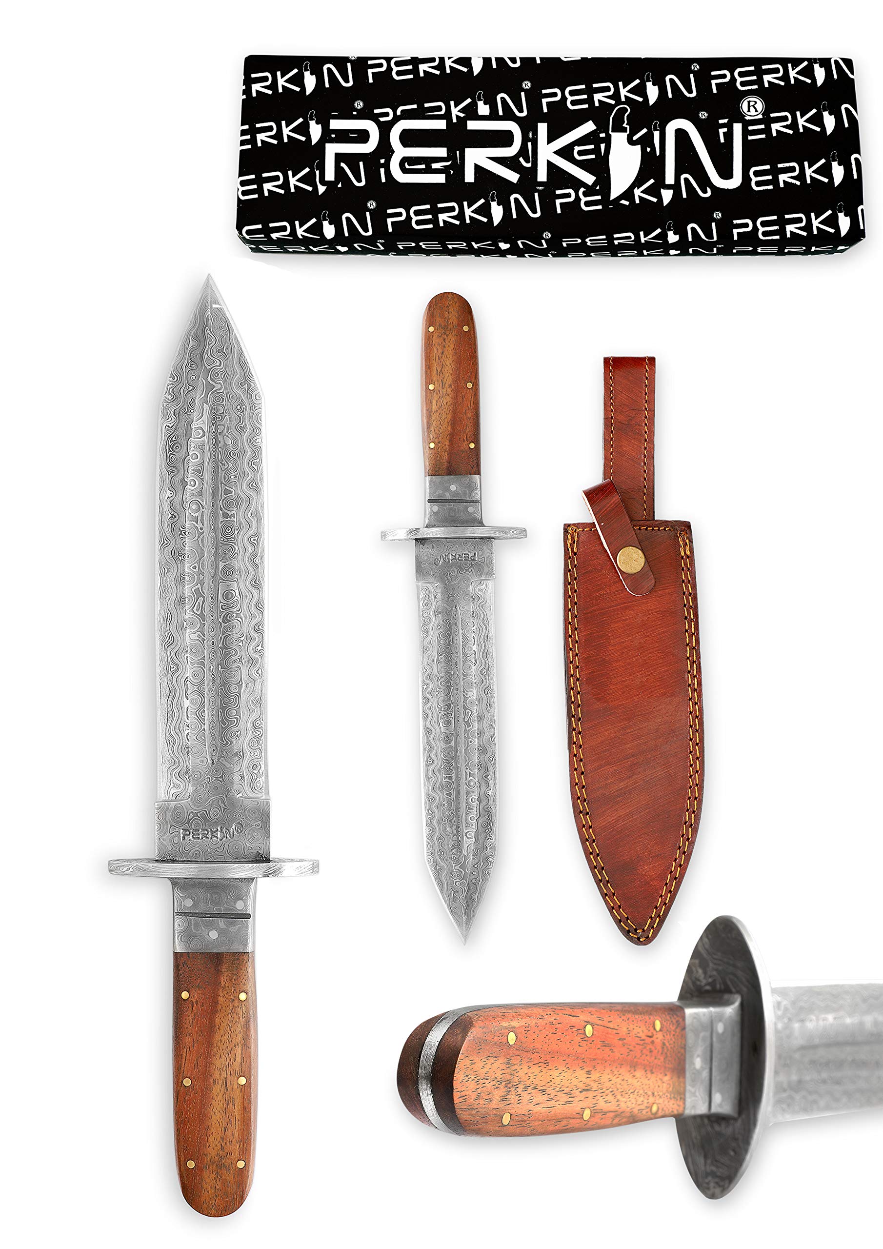 Perkin Jagdmesser mit Damaststahl Klinge, Full Tang, Feststehend, mit Scheide