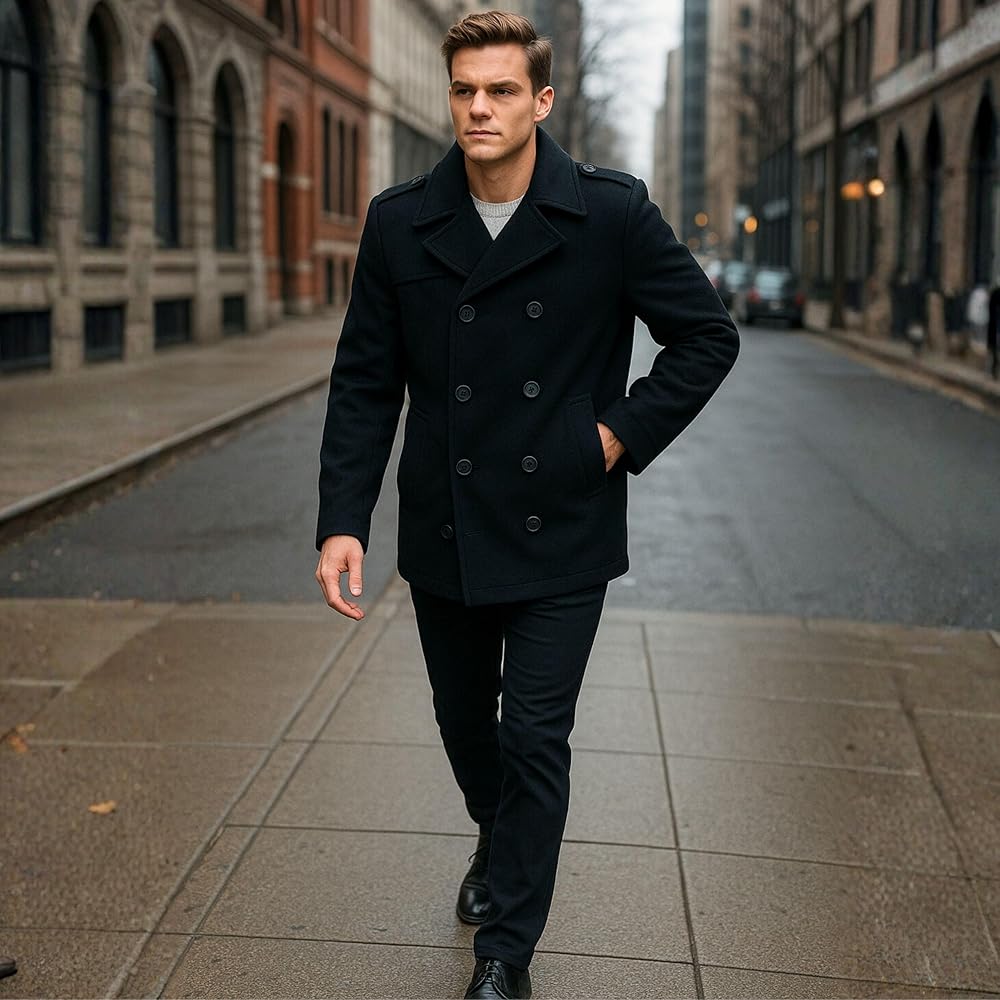 Alpine Swiss Jake Mens Wool Pea Coat Double Breasted Jacket Black