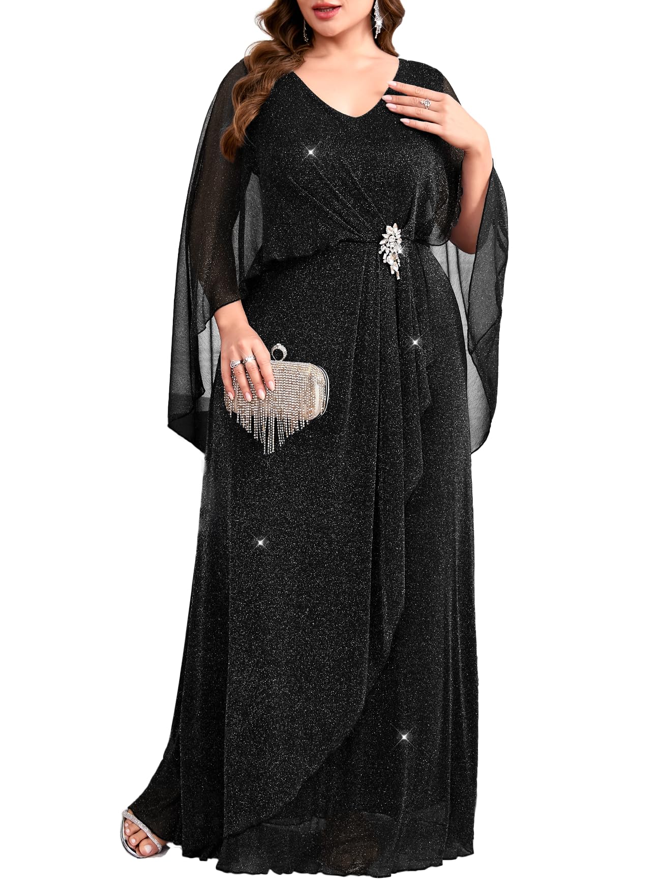 Womens Plus Size Glitter Evening Dress Long Cape V-Neck Formal Gowns Mother of The Bride Wedding Guest Dresses