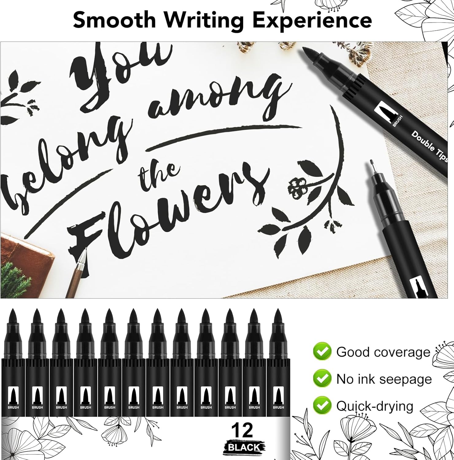 Thboxes 12 Pack Black Drawing Pens, Dual Tip Brush Fineliners Pens Washable Brush Tip Markers for Adults Art Drawing Sketching Journaling Calligraphy thumbnail