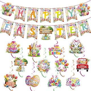 Easter Party Kit Decorations Supplies-Happy Easter Rabbit Banner Hanging Swirls Cutouts for Home Office Classroom Rabbit Egg Theme Party Decorations