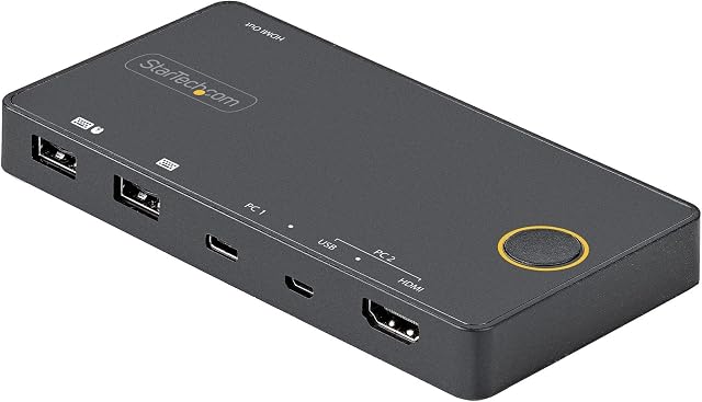 StarTech.com 2 Port Hybrid USB-A + HDMI & USB-C KVM Switch - Single 4K 60Hz HDMI 2.0 Monitor - Compact Desktop and/or Laptop HDMI KVM Switch - USB Bus Powered - Thunderbolt 3 Compatible (SV221HUC4K)