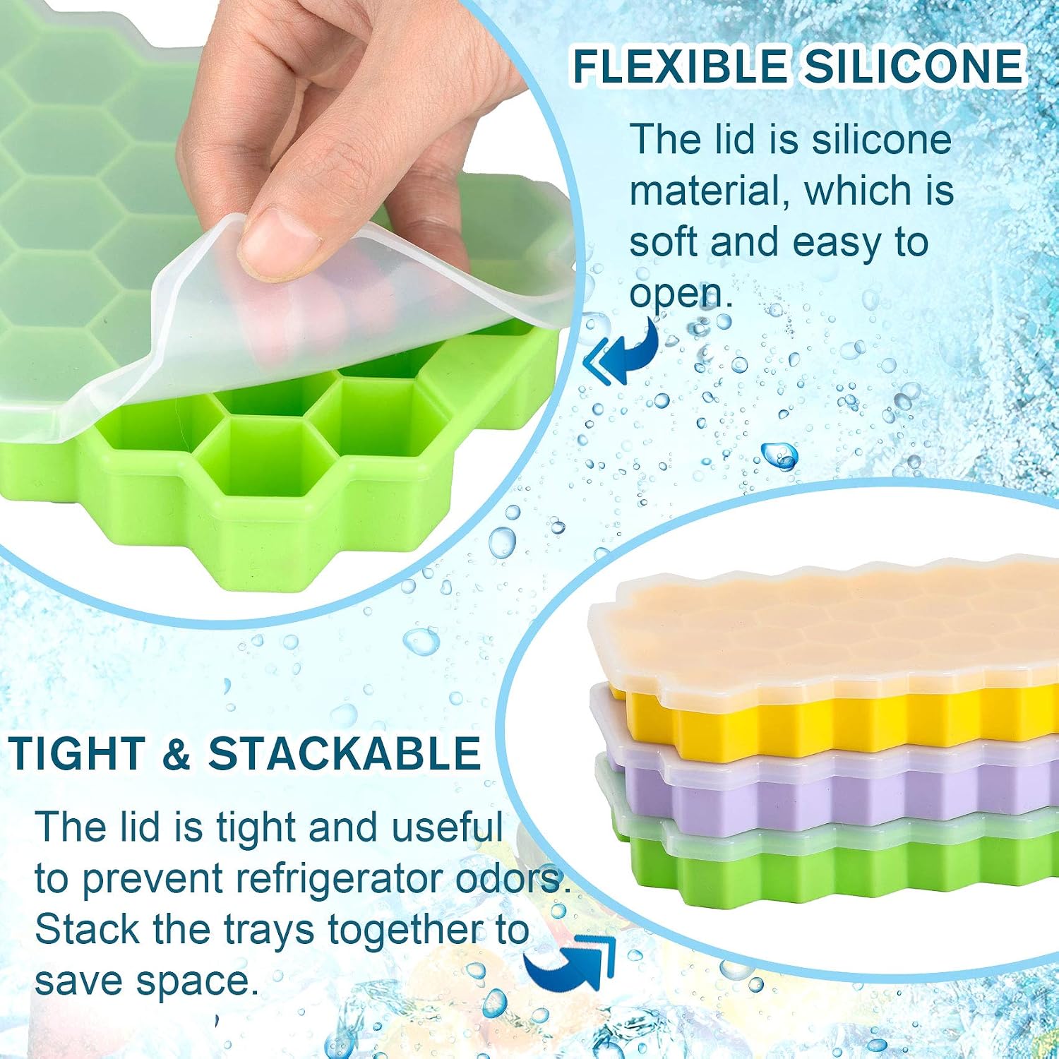 LessMo 111 Cubes Ice Cube Tray, 3 Pack Silicone Ice Cube Freezing Tray with Lids, Easy-Release, Flexible, Stackable, Perfect for Whiskey, Cocktail, Baby Food, Chilled Drinks, Green+ Yellow+ Purple