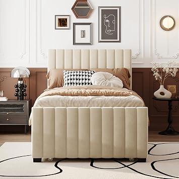 Twin Size Bed Frame, Velvet Upholstered Platform Bed with Twin Size Trundle, No Box Spring Needed, Easy Assembly Beige, Twin
