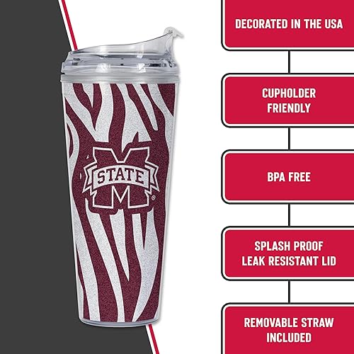 Miniatura 145 de Rico Industries NCAA - Vaso de acrílico con purpurina de 24 onzas con tapa con bisagras, vaso de doble pared con licencia oficial y popote Brillo