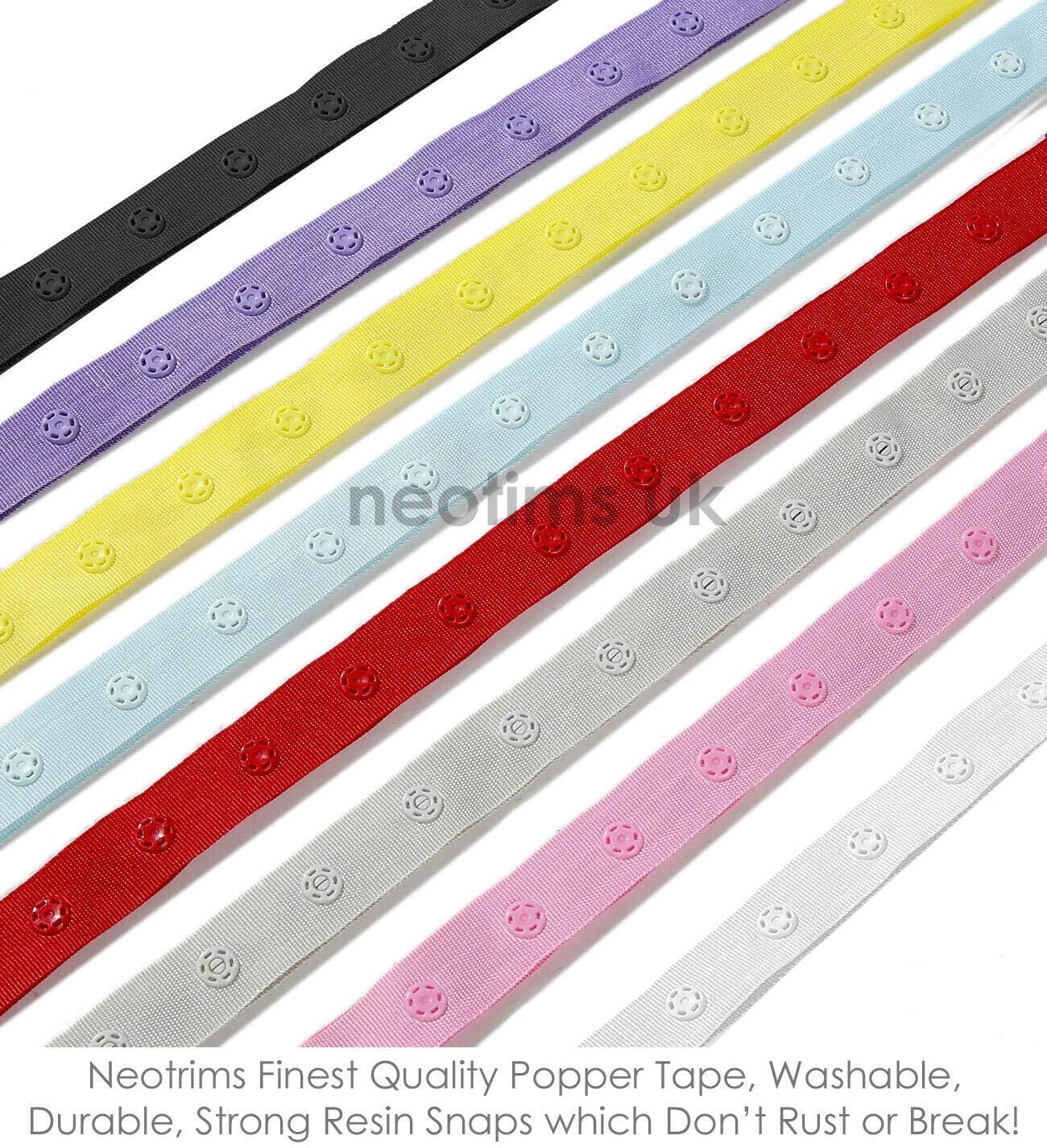 Snap Popper Tape Ribbon,Press Stud Fasten. 2.5cms Spacing Distance Fastening Trim.8 Colours Pastel and Brights;Black or White. Apparel,Duvet,Curtains Neotrims UK. Light Grey, 10 Yards