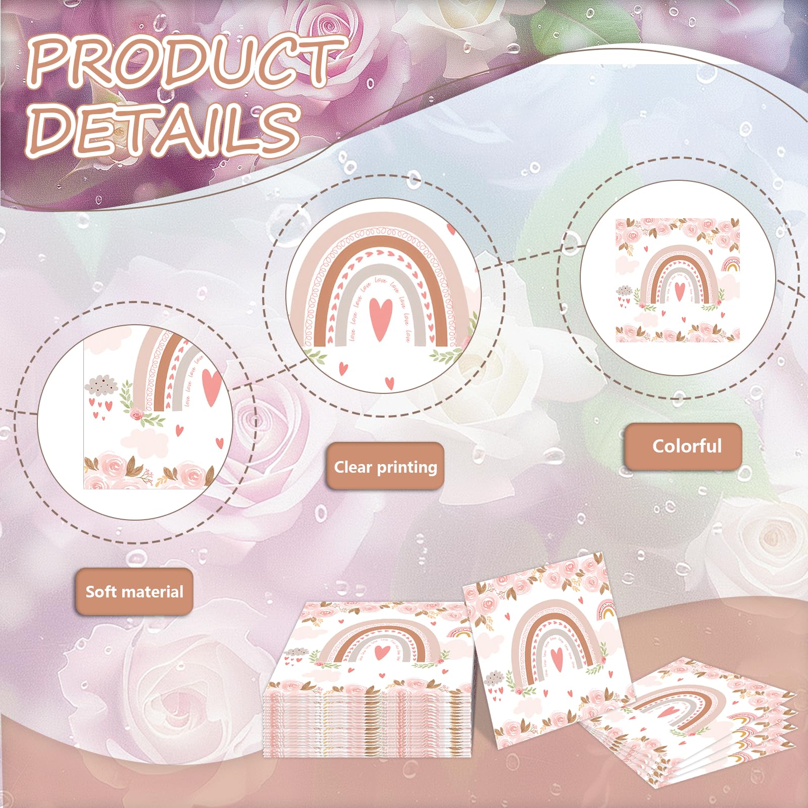 Tovaglioli Di Carta Boho Arcobaleno | Set Da 40 Per Feste | Stampa Fiori E Arcobaleni 33x33 Cm - Foto 3