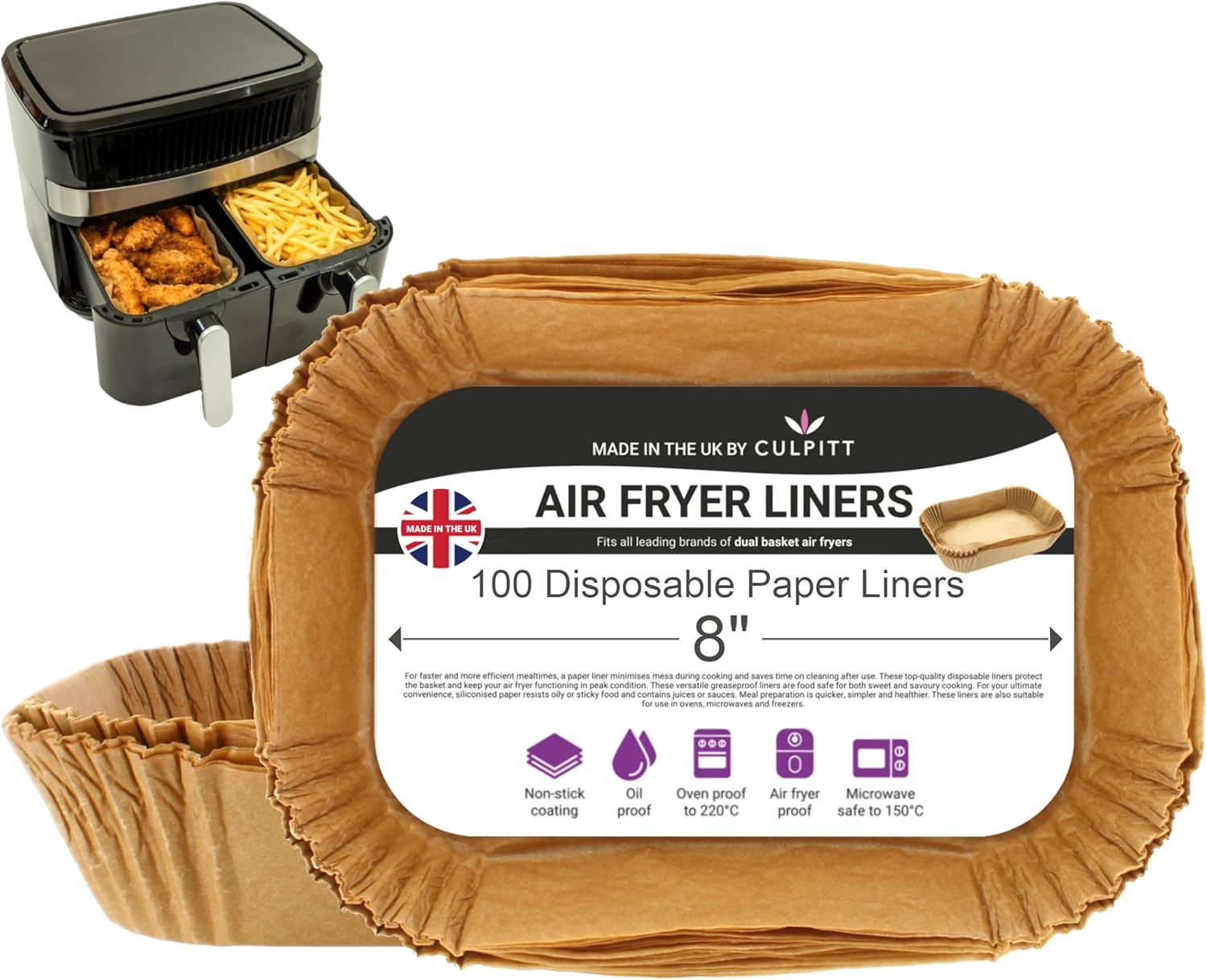 Culpitt Air Fryer Liners for Ninja Dual | 100 | Non-Stick Disposable Liners, Designed for Ninja, Tefal, Tower, Salter | 200mm x 130mm | Made in The UK | 100 Pack