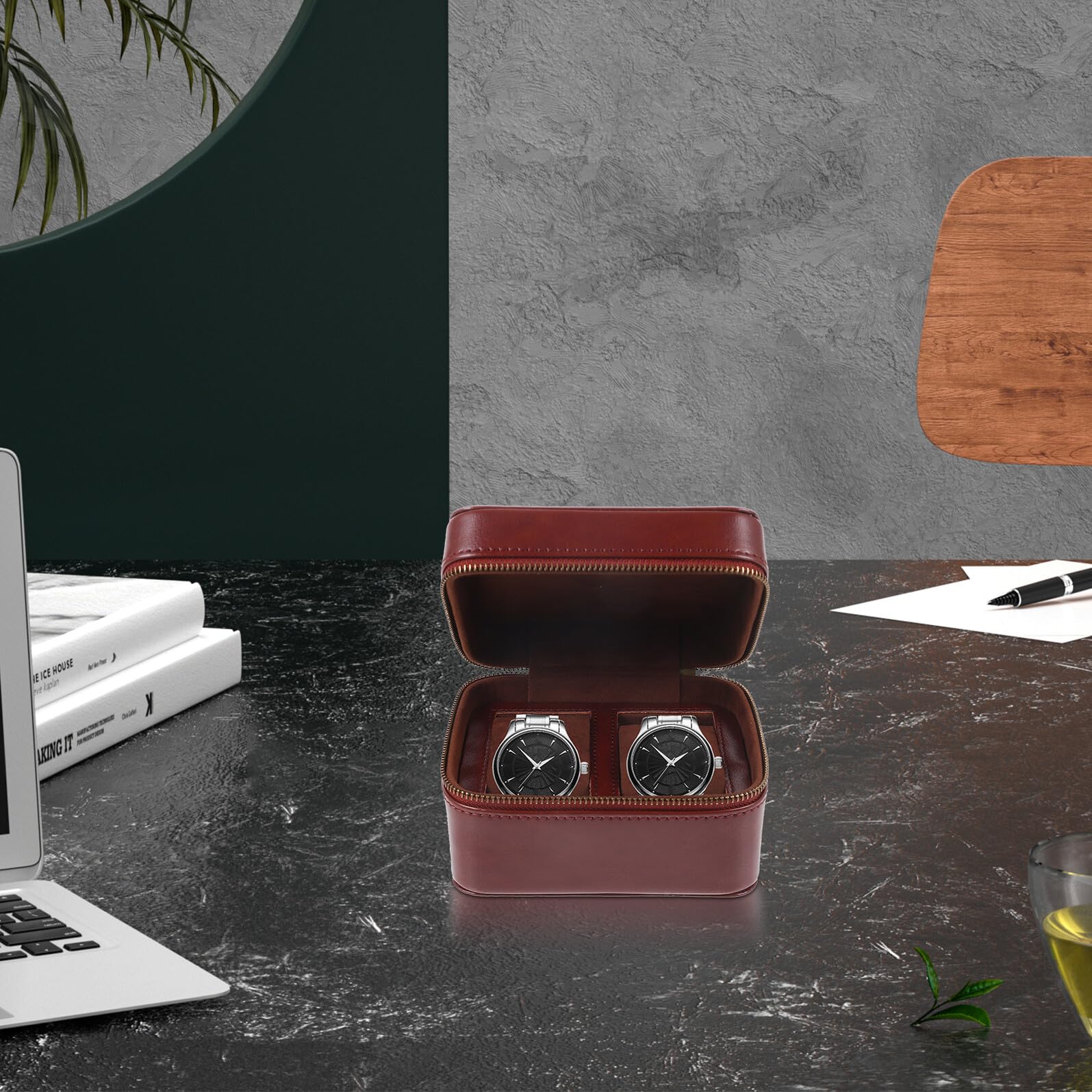 Scatola organizer per orologi in pelle con doppio scomparto, custodia portatile in pelle scamosciata e PU per orologi da uomo, cuciture precise, design elegante per viaggi di lavoro e uso quotidiano
